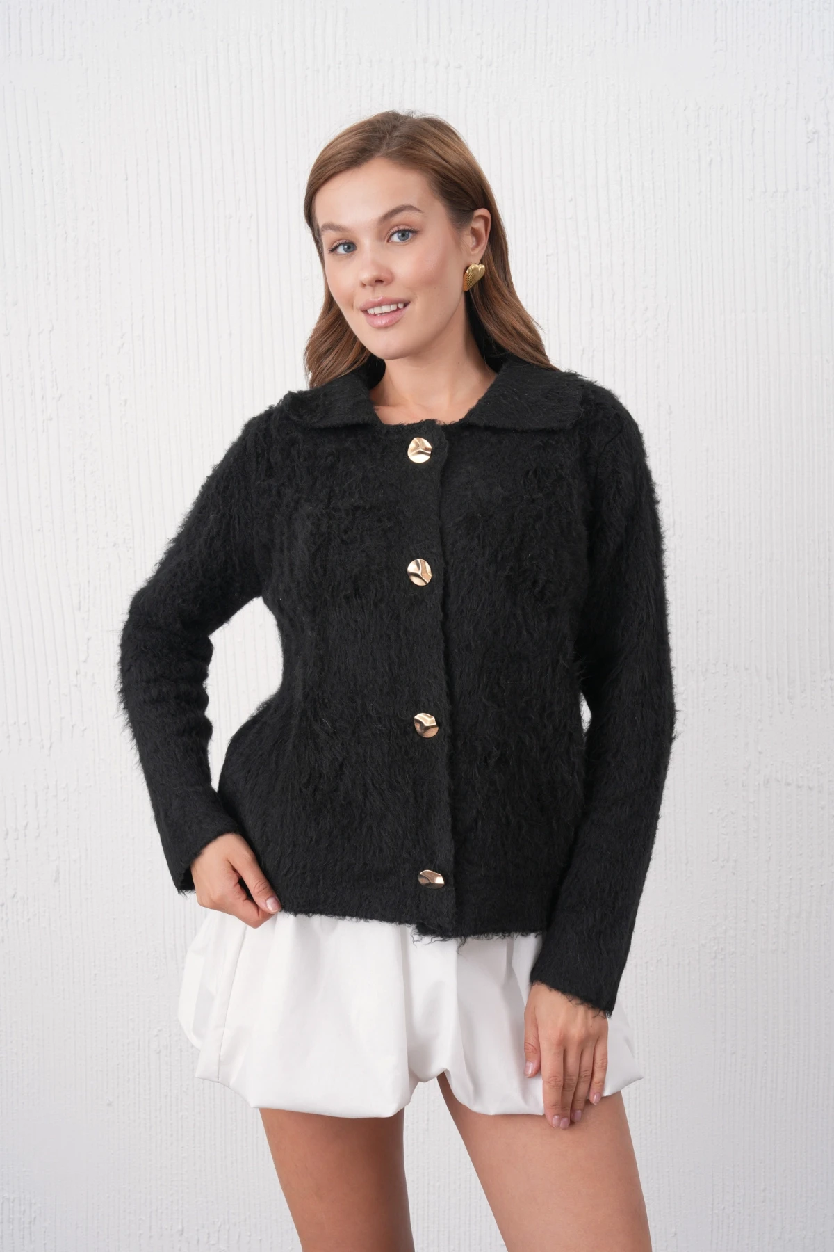 Kadın Polo Yaka Düğme Detay Şardonlu Triko Ceket 8645Sw