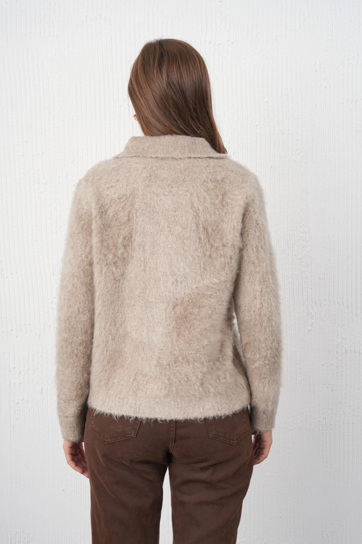 Kadın Polo Yaka Düğme Detay Şardonlu Triko Ceket 8645Sw