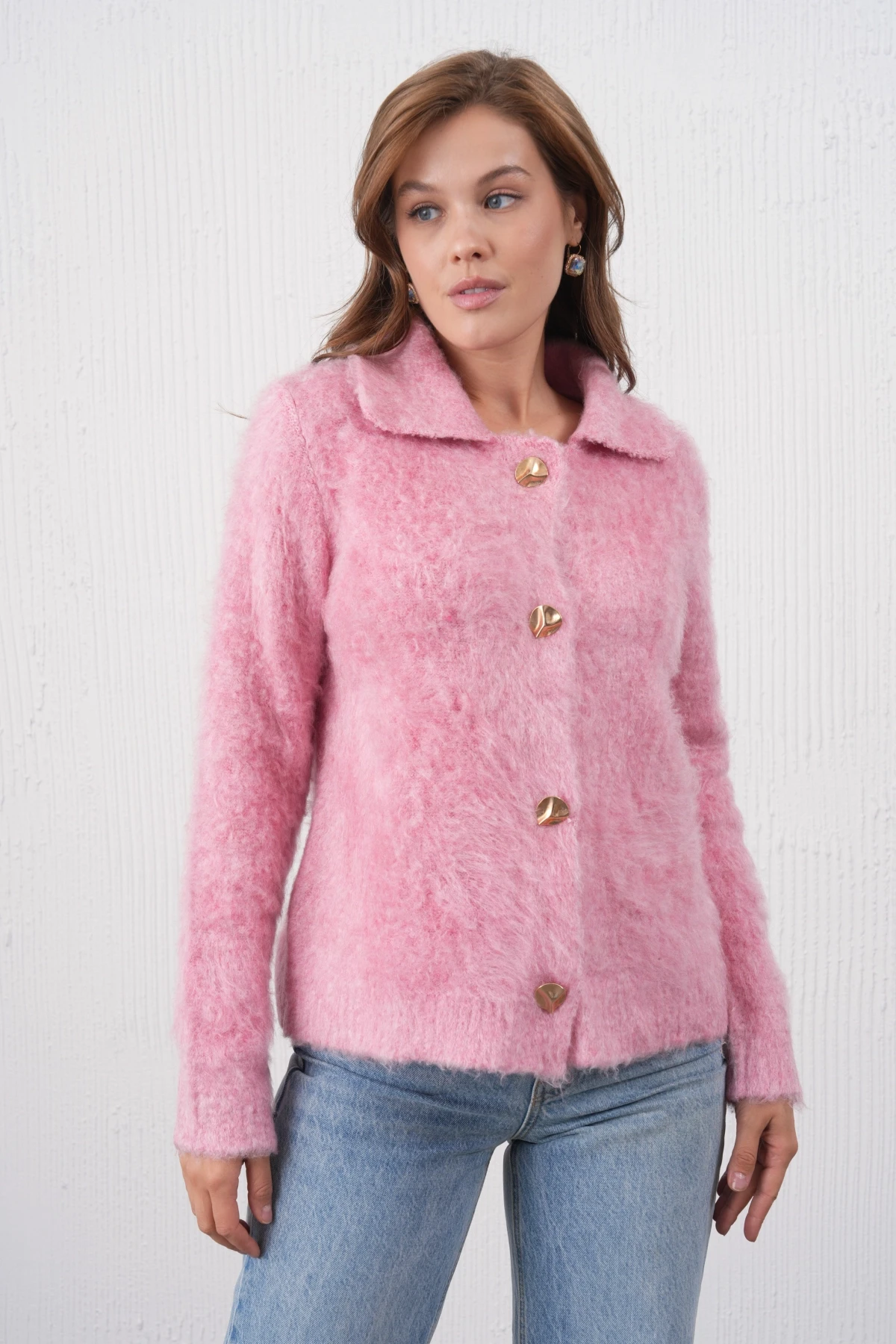 Kadın Polo Yaka Düğme Detay Şardonlu Triko Ceket 8645Sw