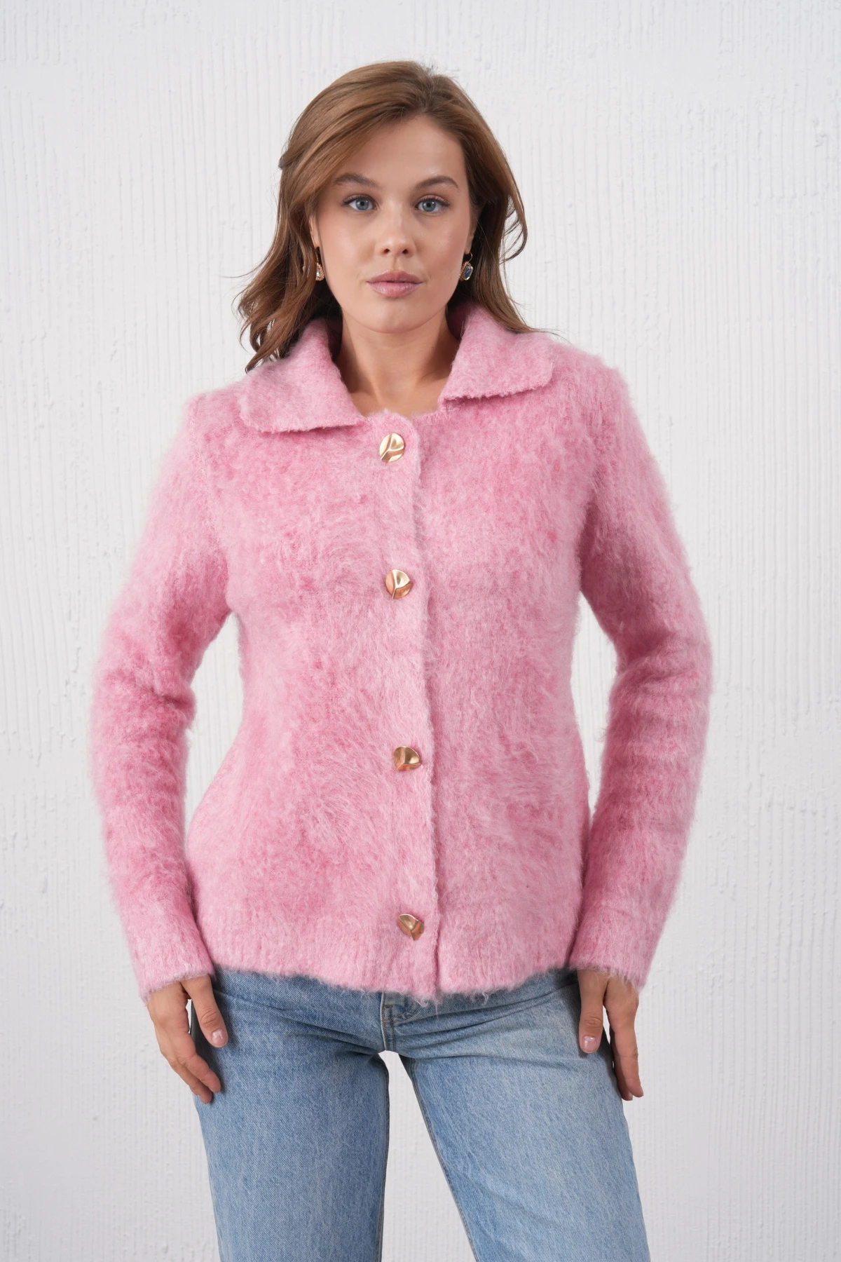 Kadın Polo Yaka Düğme Detay Şardonlu Triko Ceket 8645Sw