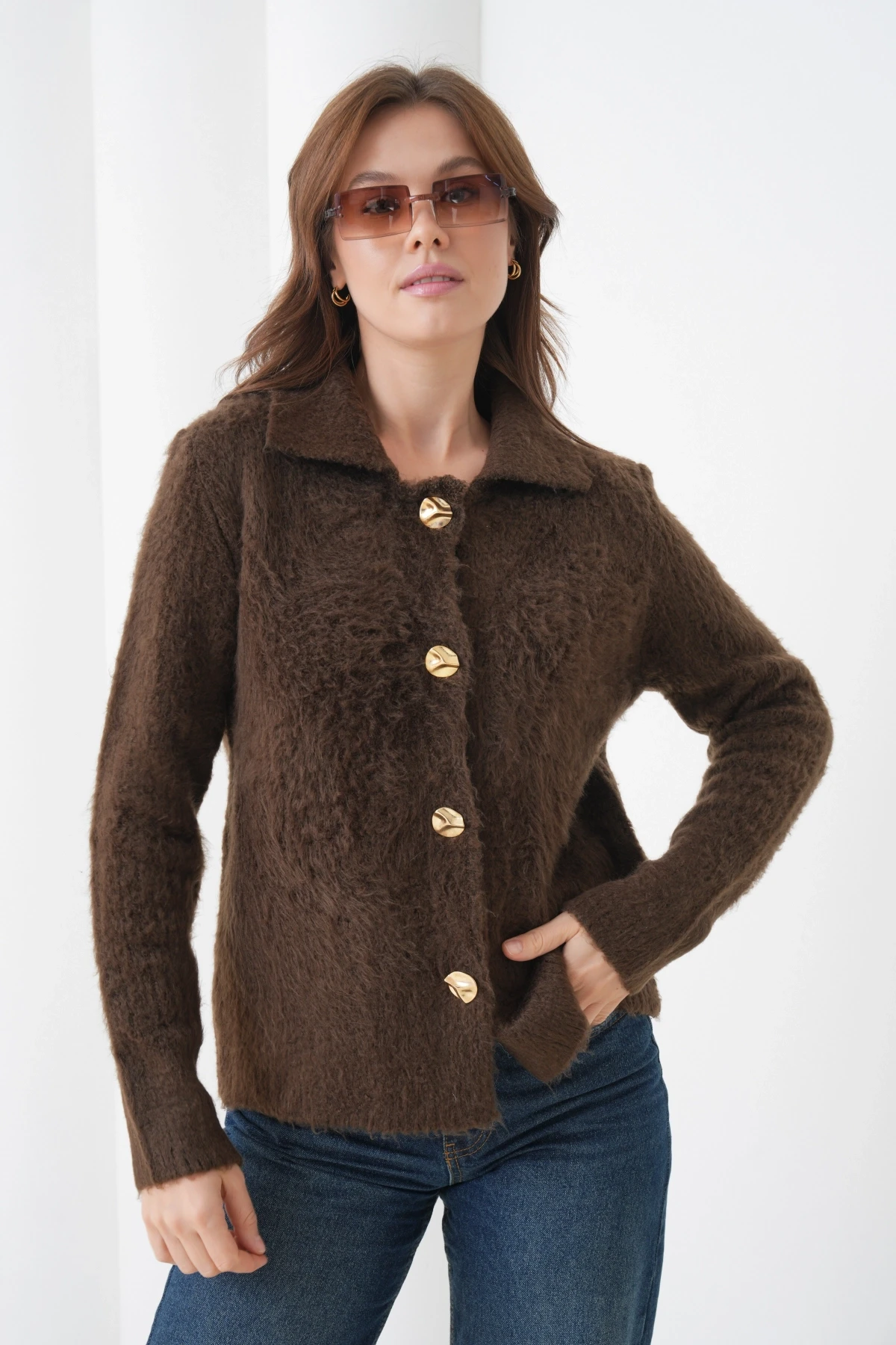 Kadın Polo Yaka Düğme Detay Şardonlu Triko Ceket 8645Sw