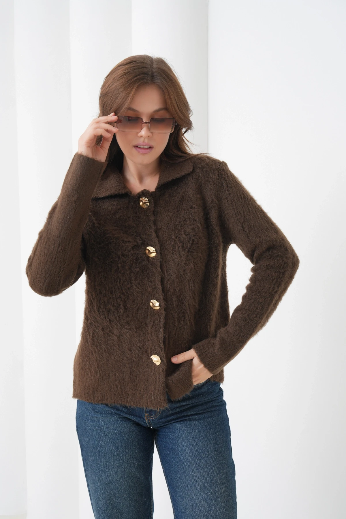 Kadın Polo Yaka Düğme Detay Şardonlu Triko Ceket 8645Sw