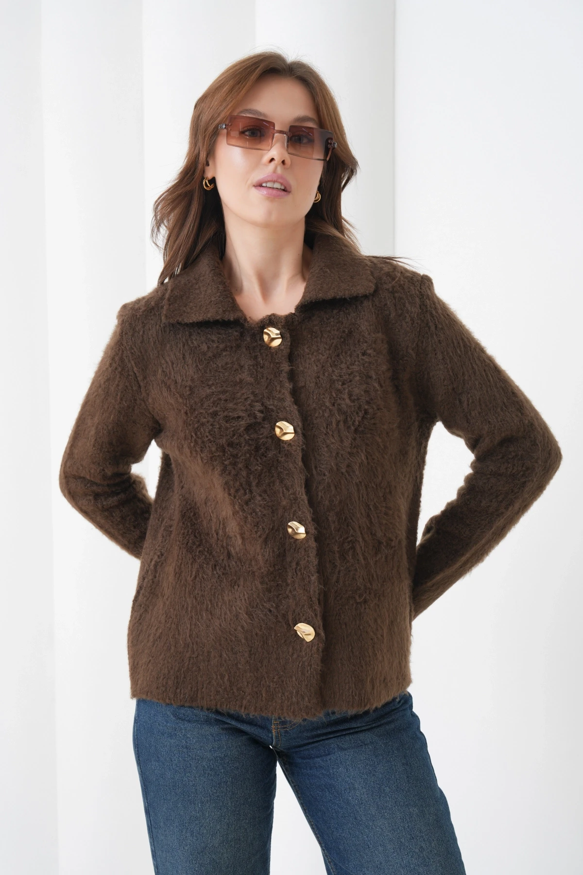 Kadın Polo Yaka Düğme Detay Şardonlu Triko Ceket 8645Sw