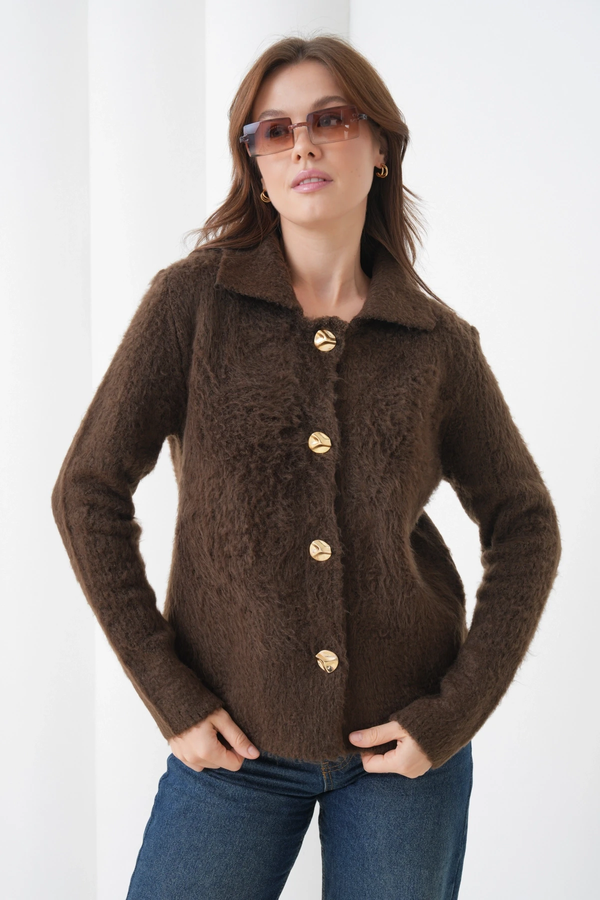 Kadın Polo Yaka Düğme Detay Şardonlu Triko Ceket 8645Sw