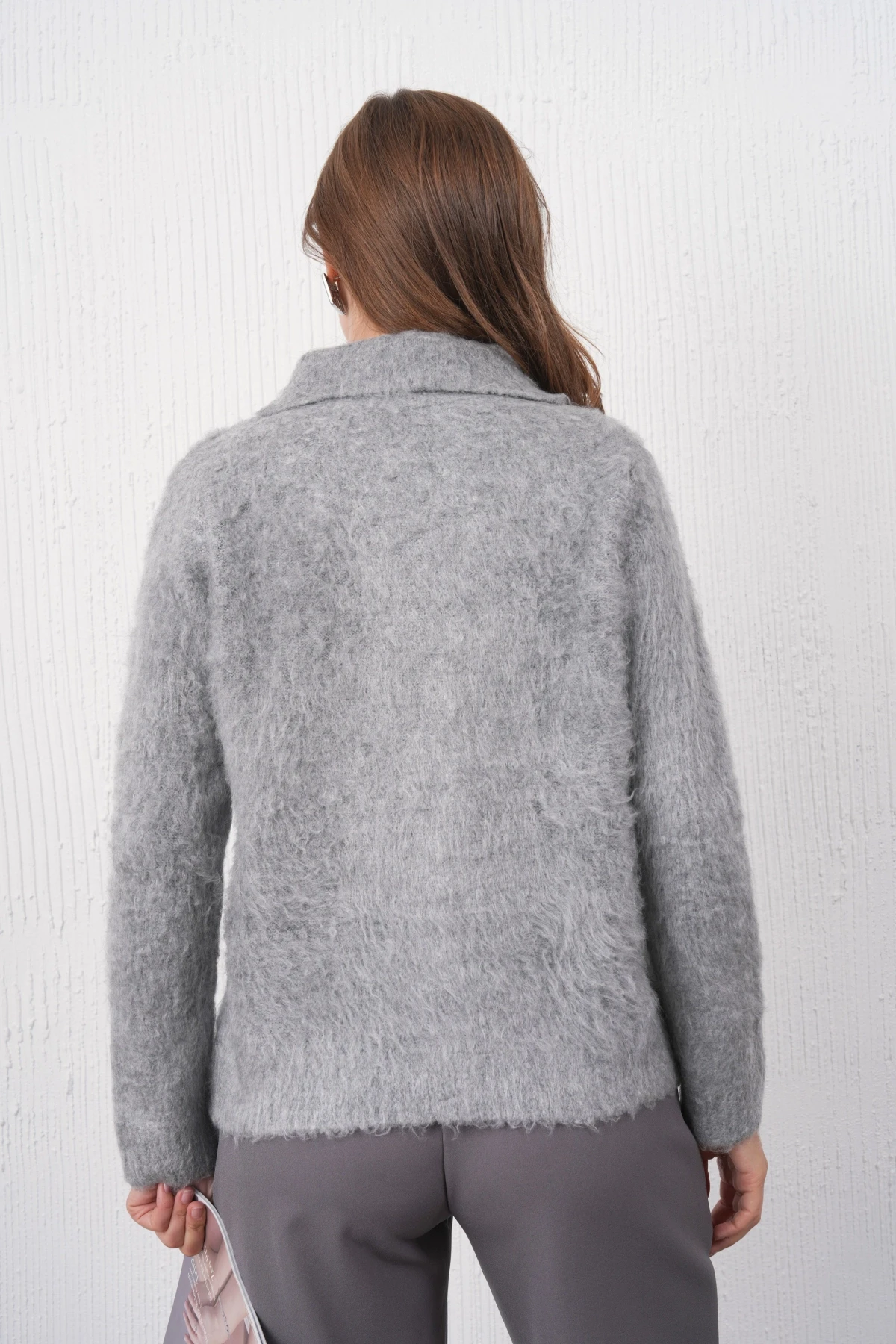 Kadın Polo Yaka Düğme Detay Şardonlu Triko Ceket 8645Sw