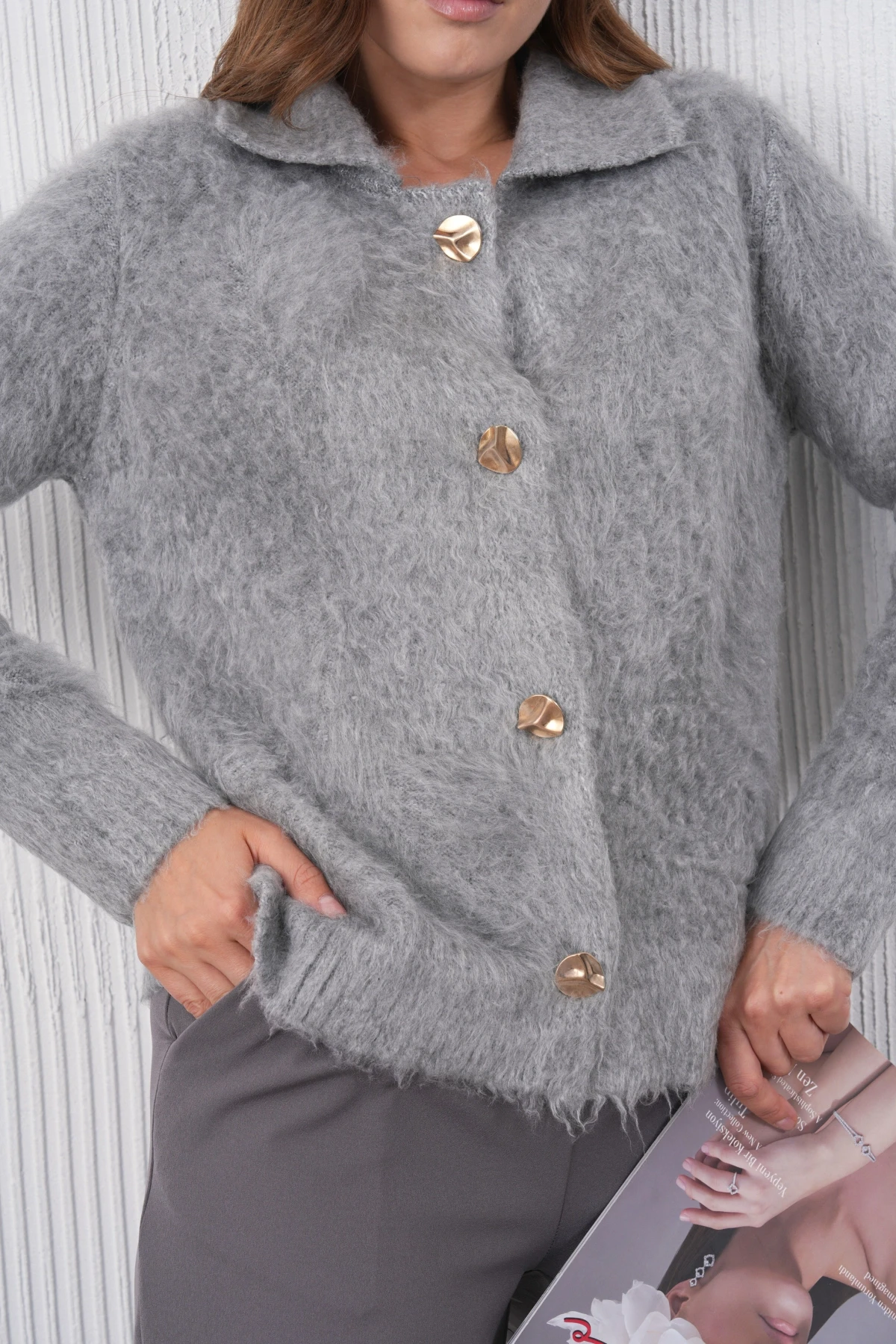 Kadın Polo Yaka Düğme Detay Şardonlu Triko Ceket 8645Sw