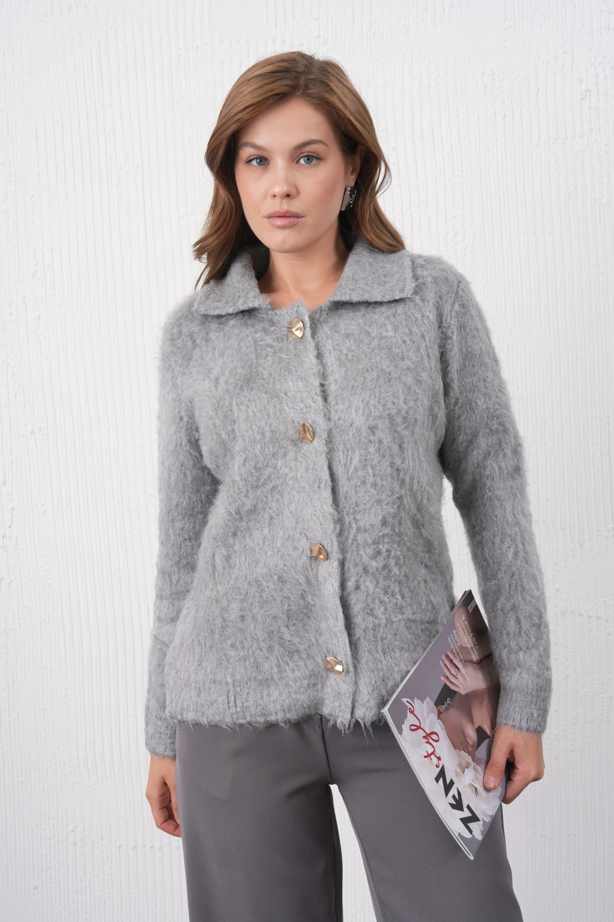 Kadın Polo Yaka Düğme Detay Şardonlu Triko Ceket 8645Sw