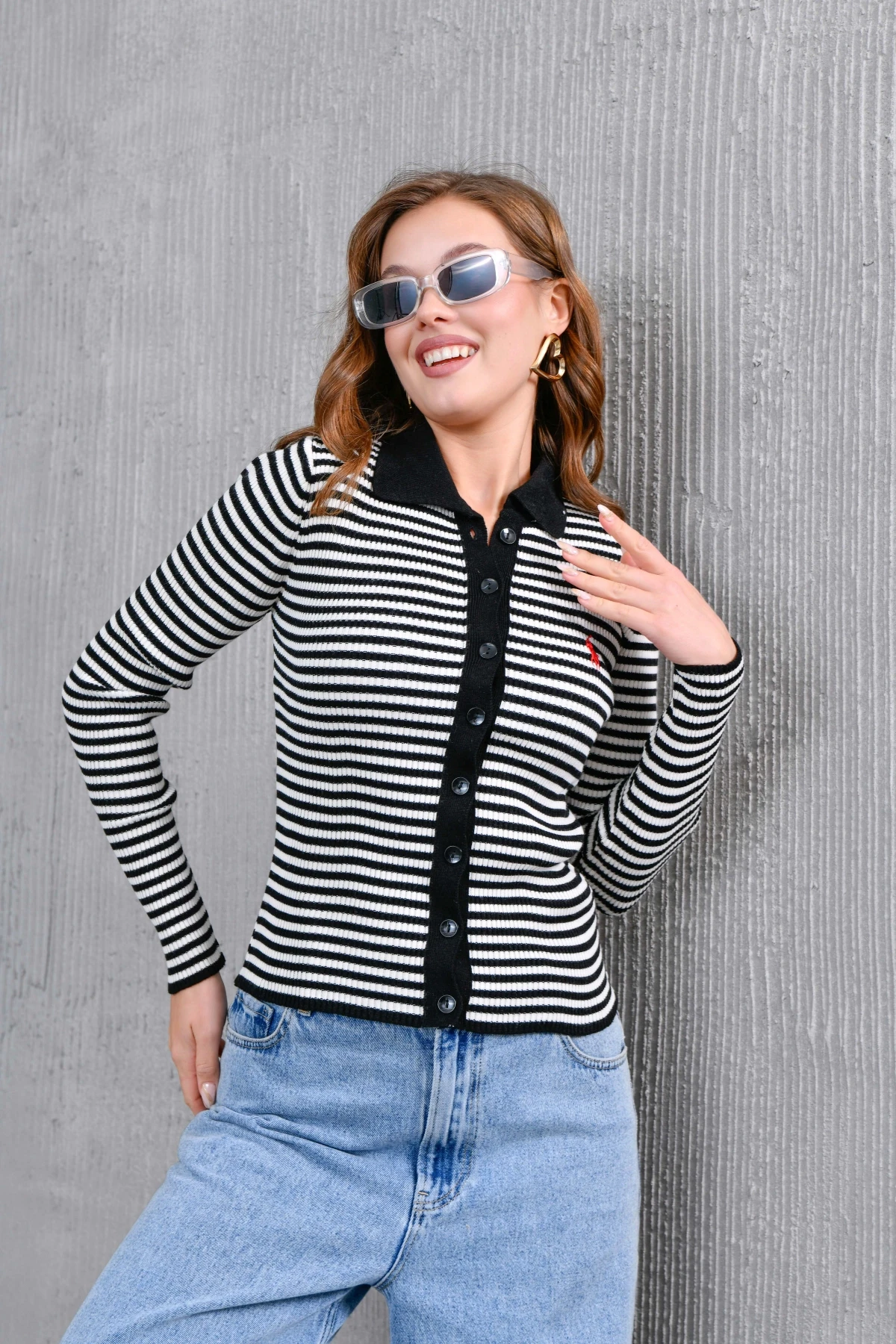 Kadın Polo Yaka Düğme Detaylı Çizgili Triko Ceket 10260