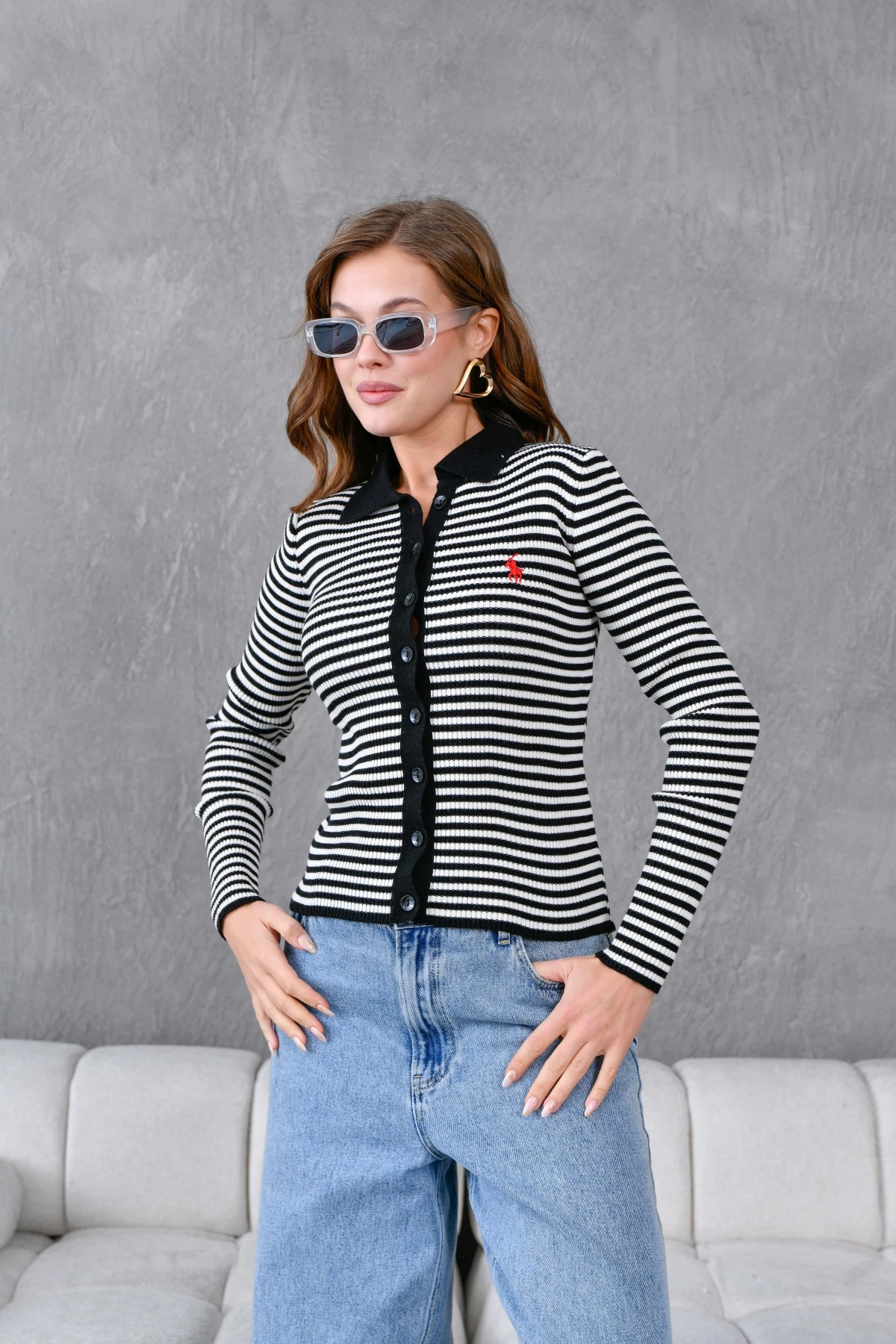 Kadın Polo Yaka Düğme Detaylı Çizgili Triko Ceket 10260