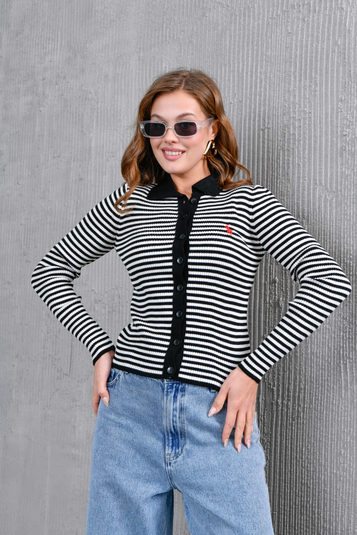 Kadın Polo Yaka Düğme Detaylı Çizgili Triko Ceket 10260