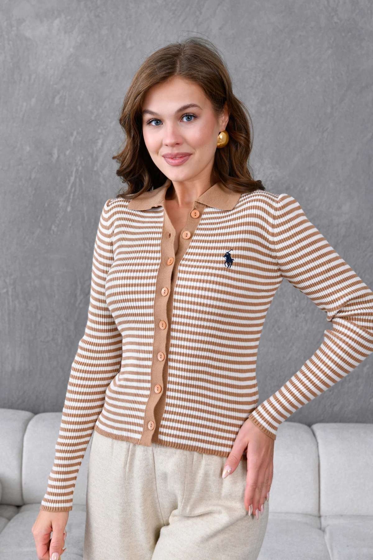 Kadın Polo Yaka Düğme Detaylı Çizgili Triko Ceket 10260