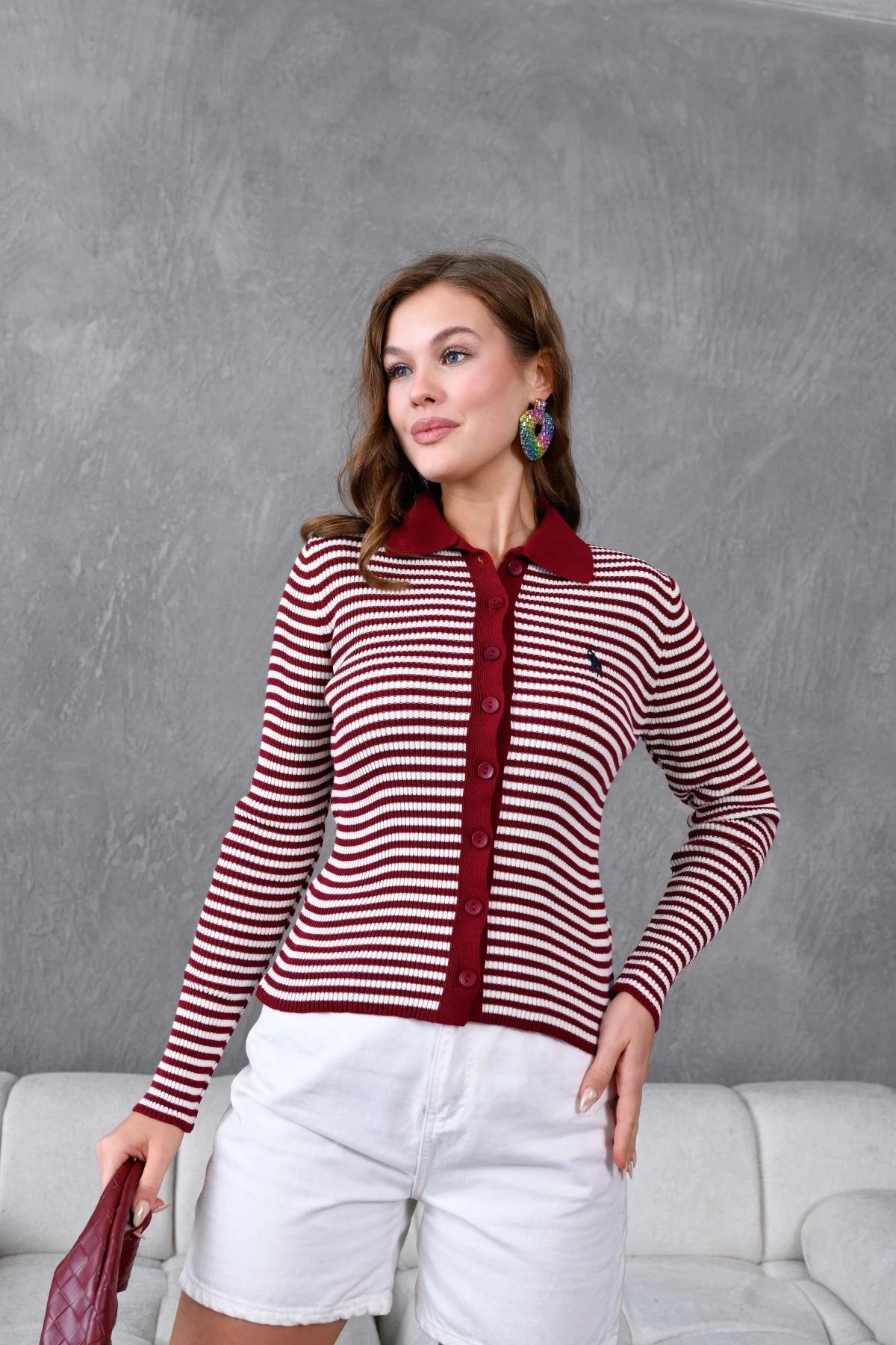 Kadın Polo Yaka Düğme Detaylı Çizgili Triko Ceket 10260