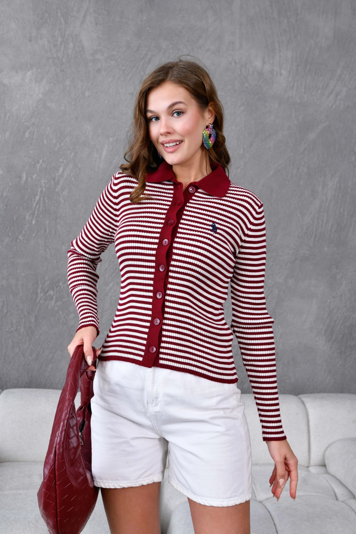 Kadın Polo Yaka Düğme Detaylı Çizgili Triko Ceket 10260