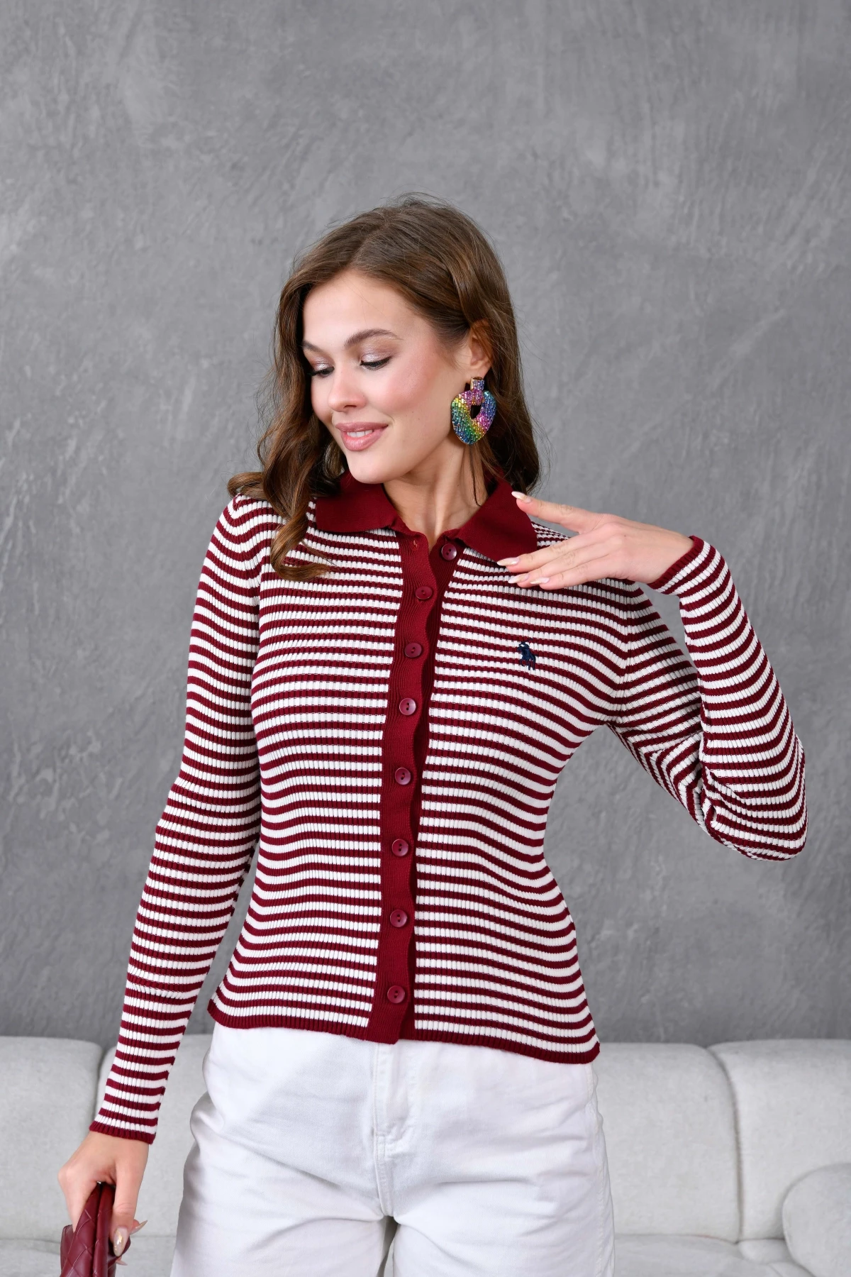 Kadın Polo Yaka Düğme Detaylı Çizgili Triko Ceket 10260