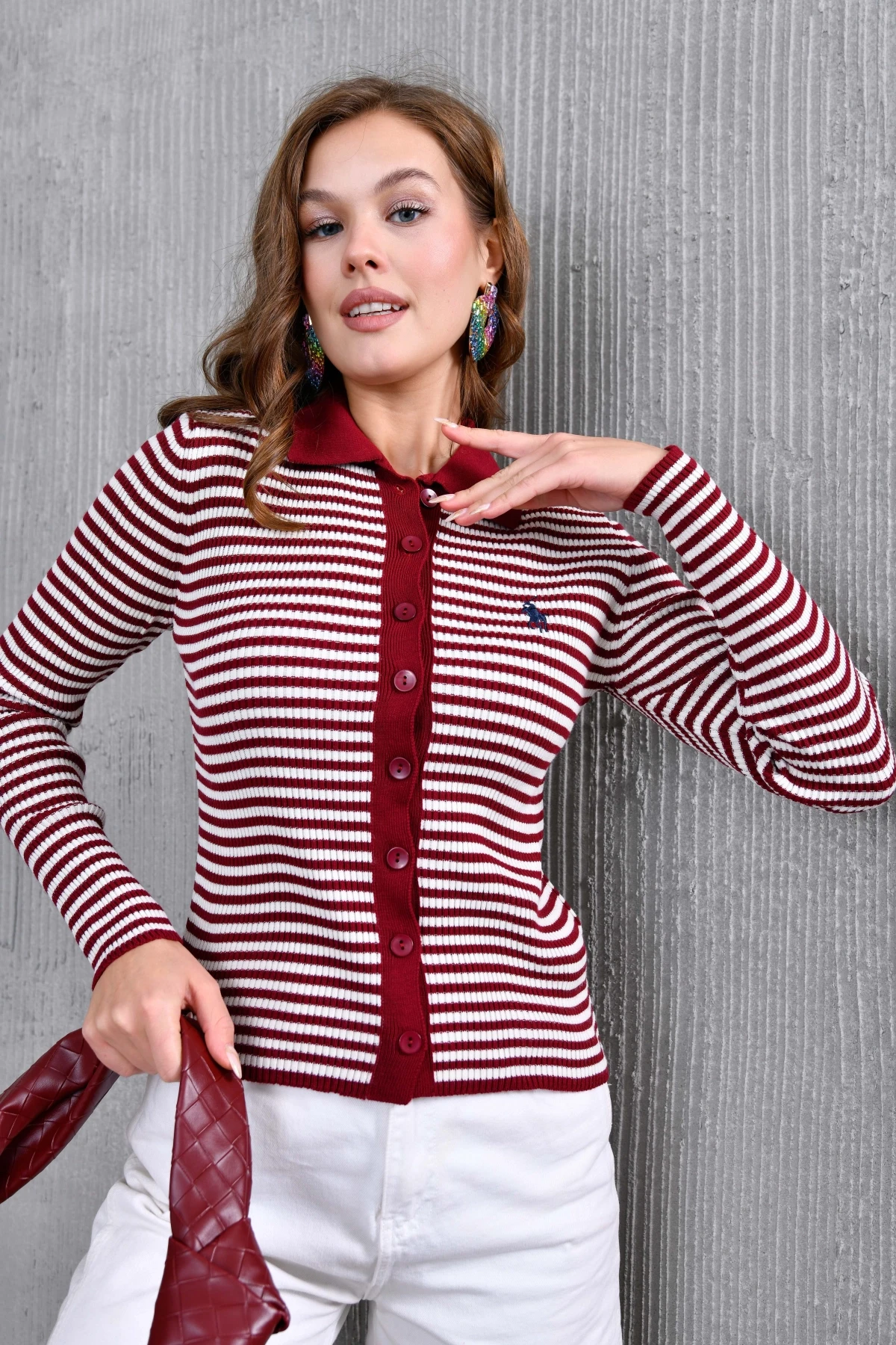 Kadın Polo Yaka Düğme Detaylı Çizgili Triko Ceket 10260