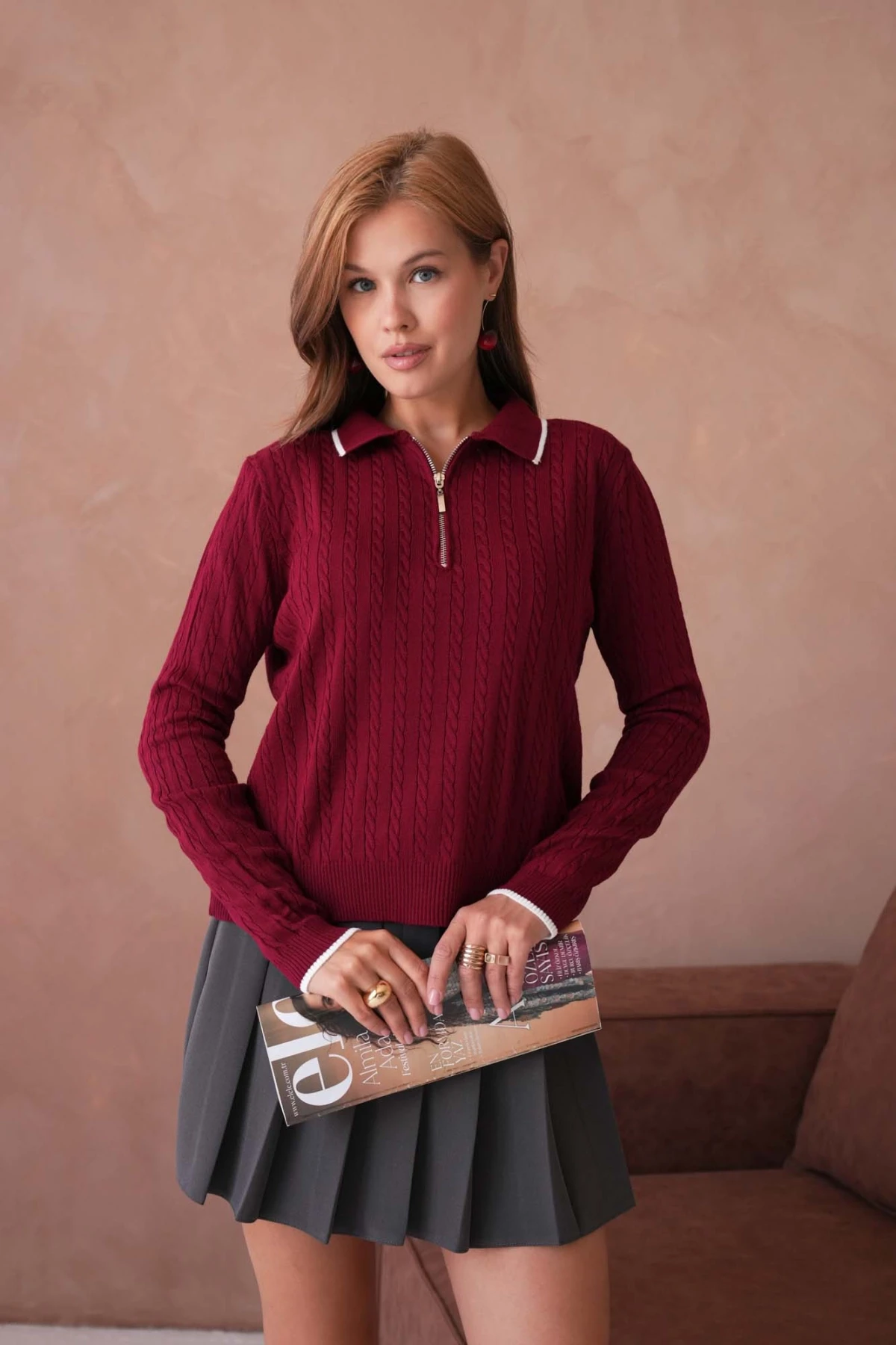 Kadın Polo Yaka Fermuar Detay Triko Kazak