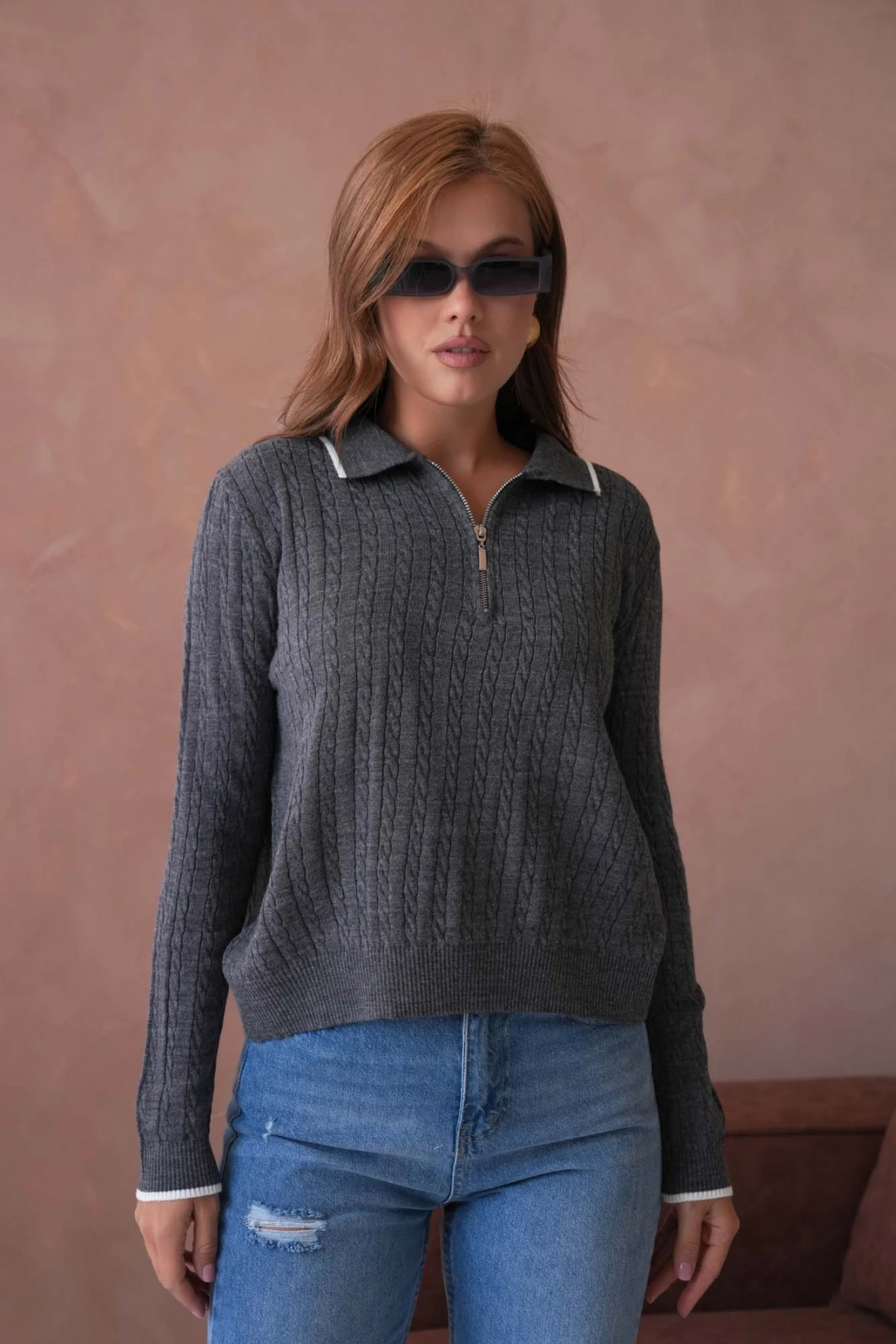 Kadın Polo Yaka Fermuar Detay Triko Kazak