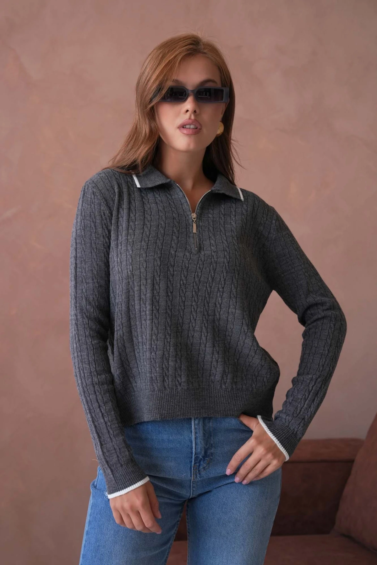 Kadın Polo Yaka Fermuar Detay Triko Kazak