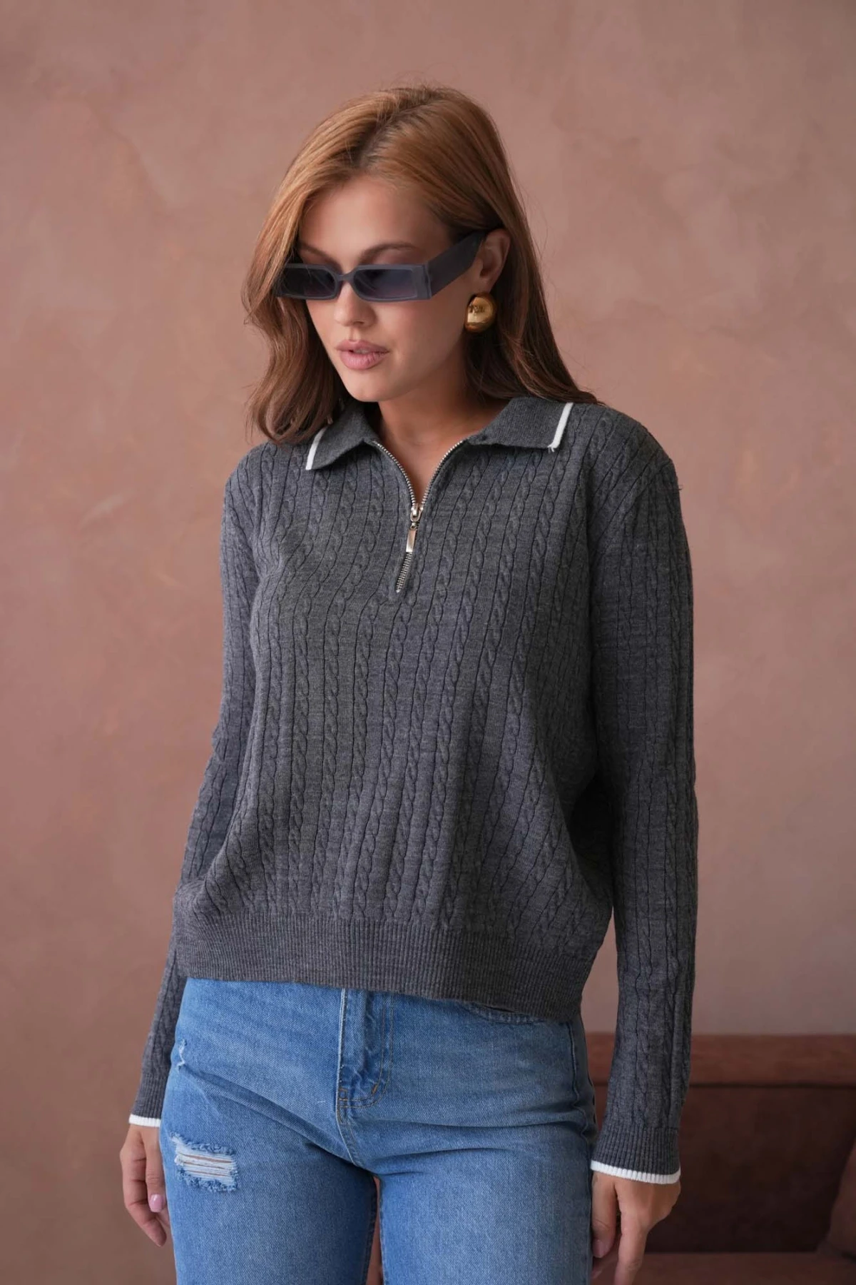 Kadın Polo Yaka Fermuar Detay Triko Kazak