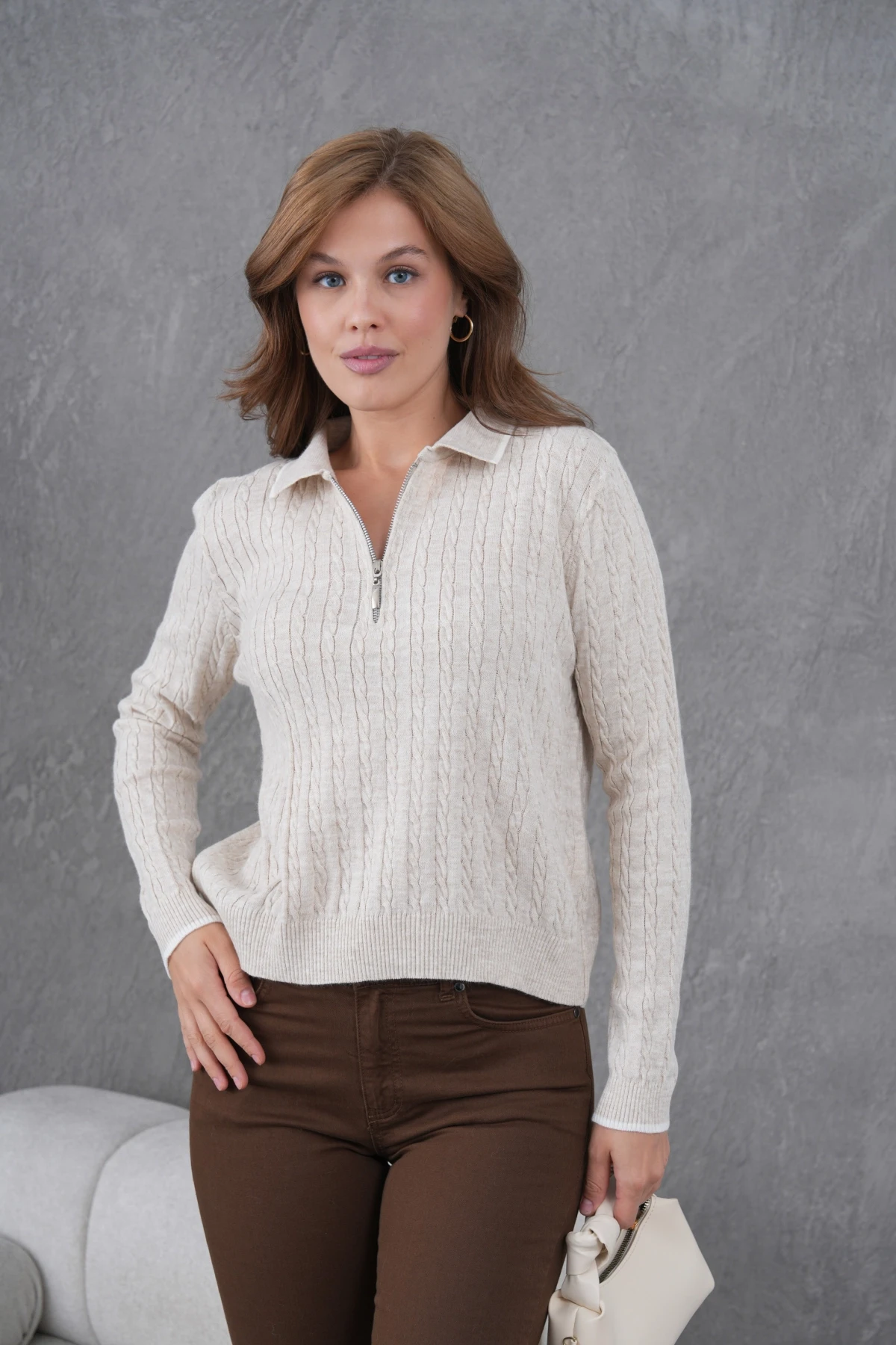 Kadın Polo Yaka Fermuar Detay Triko Kazak