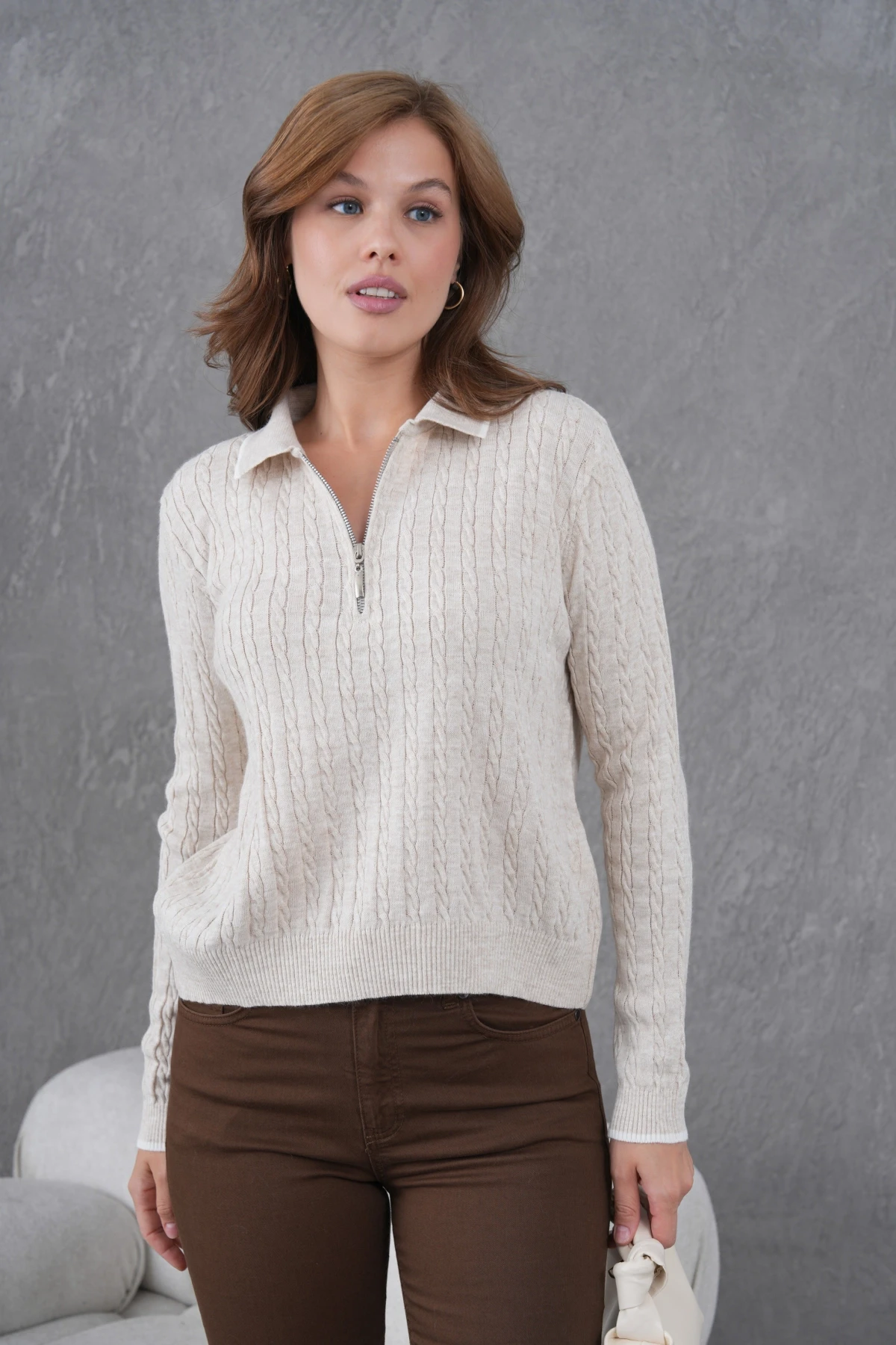 Kadın Polo Yaka Fermuar Detay Triko Kazak