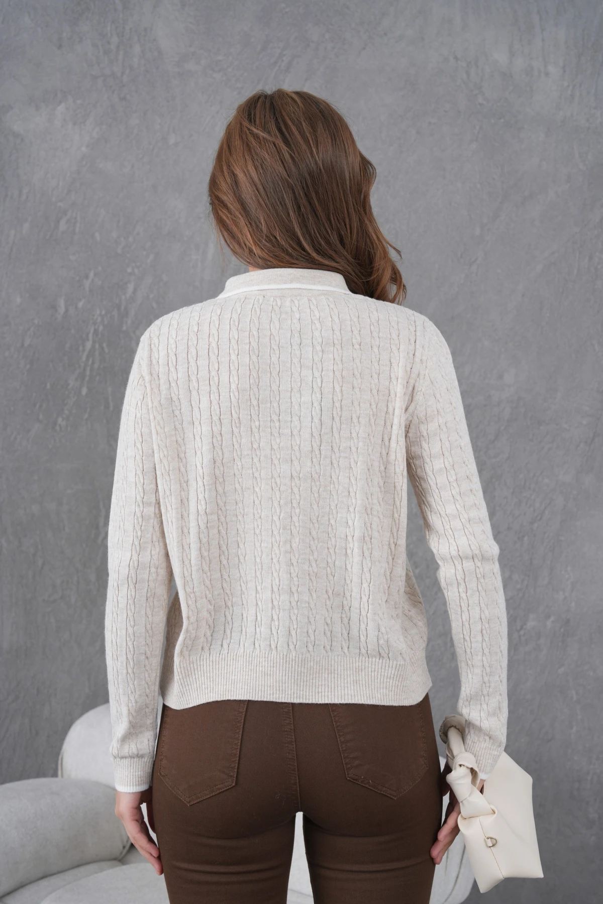 Kadın Polo Yaka Fermuar Detay Triko Kazak