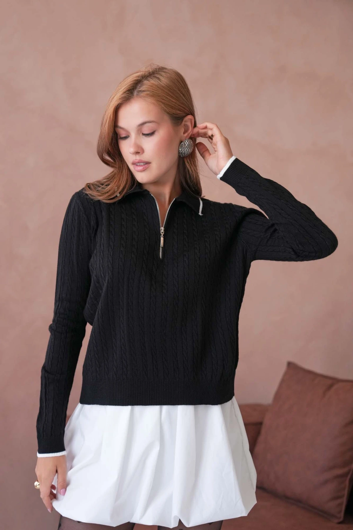 Kadın Polo Yaka Fermuar Detay Triko Kazak