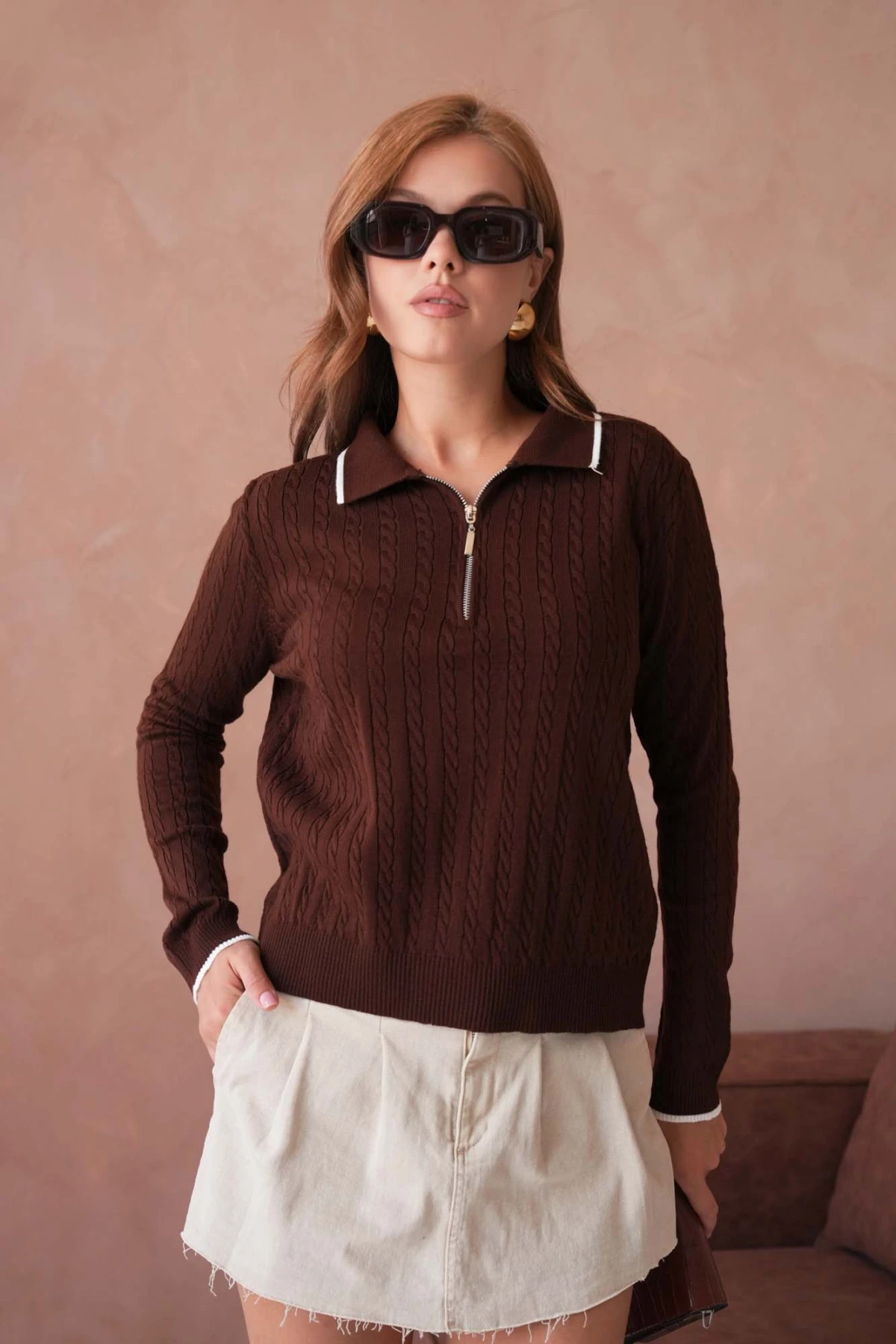 Kadın Polo Yaka Fermuar Detay Triko Kazak