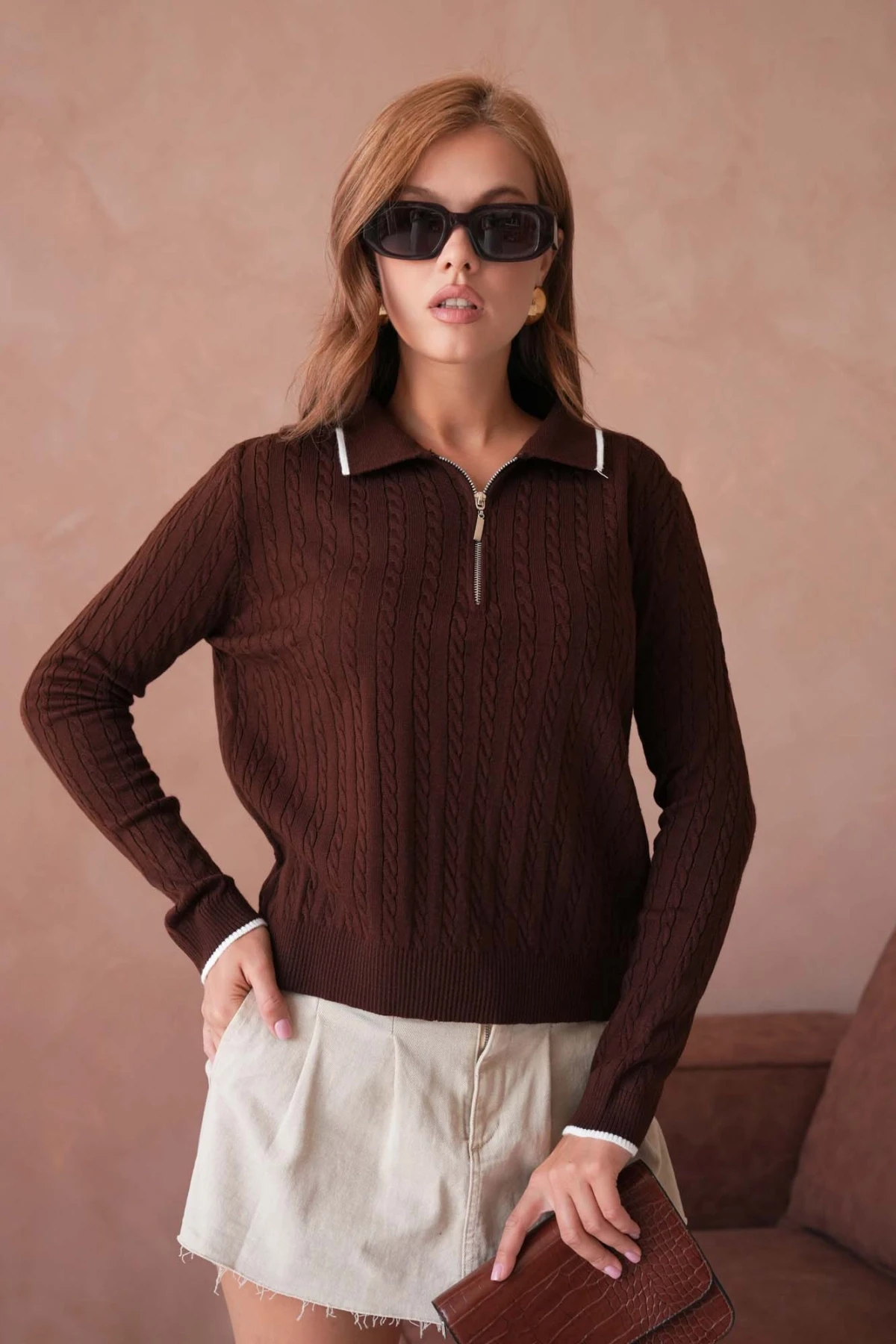 Kadın Polo Yaka Fermuar Detay Triko Kazak