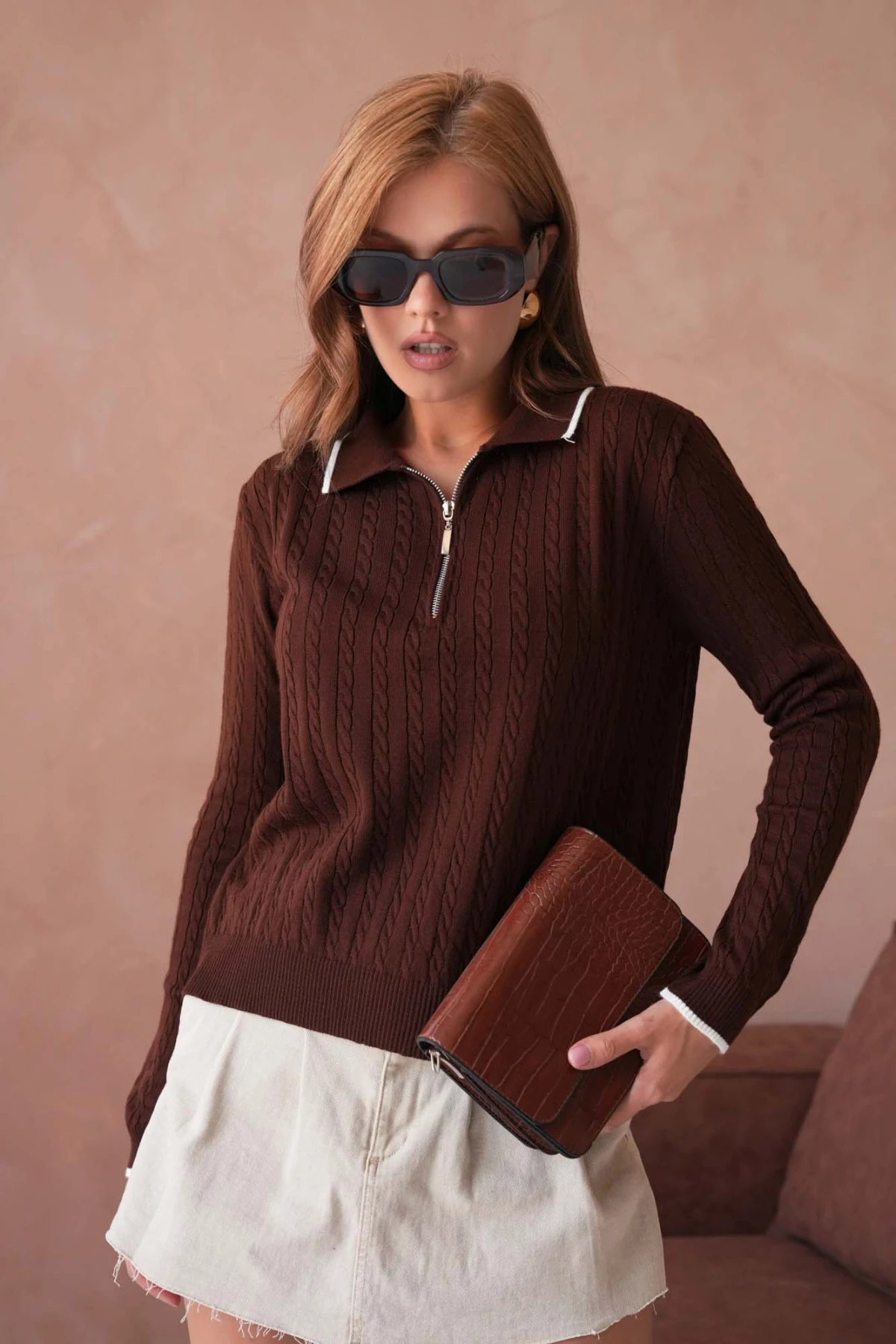 Kadın Polo Yaka Fermuar Detay Triko Kazak