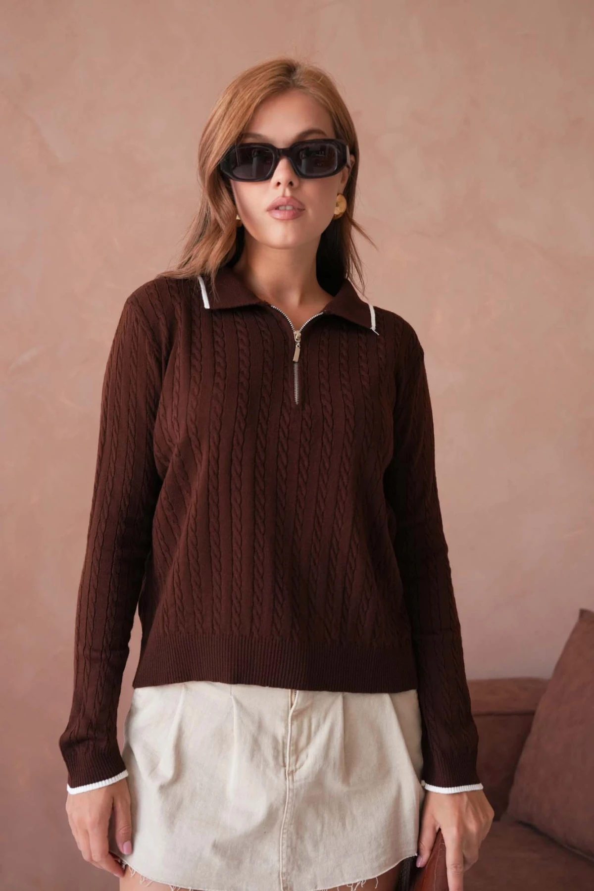 Kadın Polo Yaka Fermuar Detay Triko Kazak