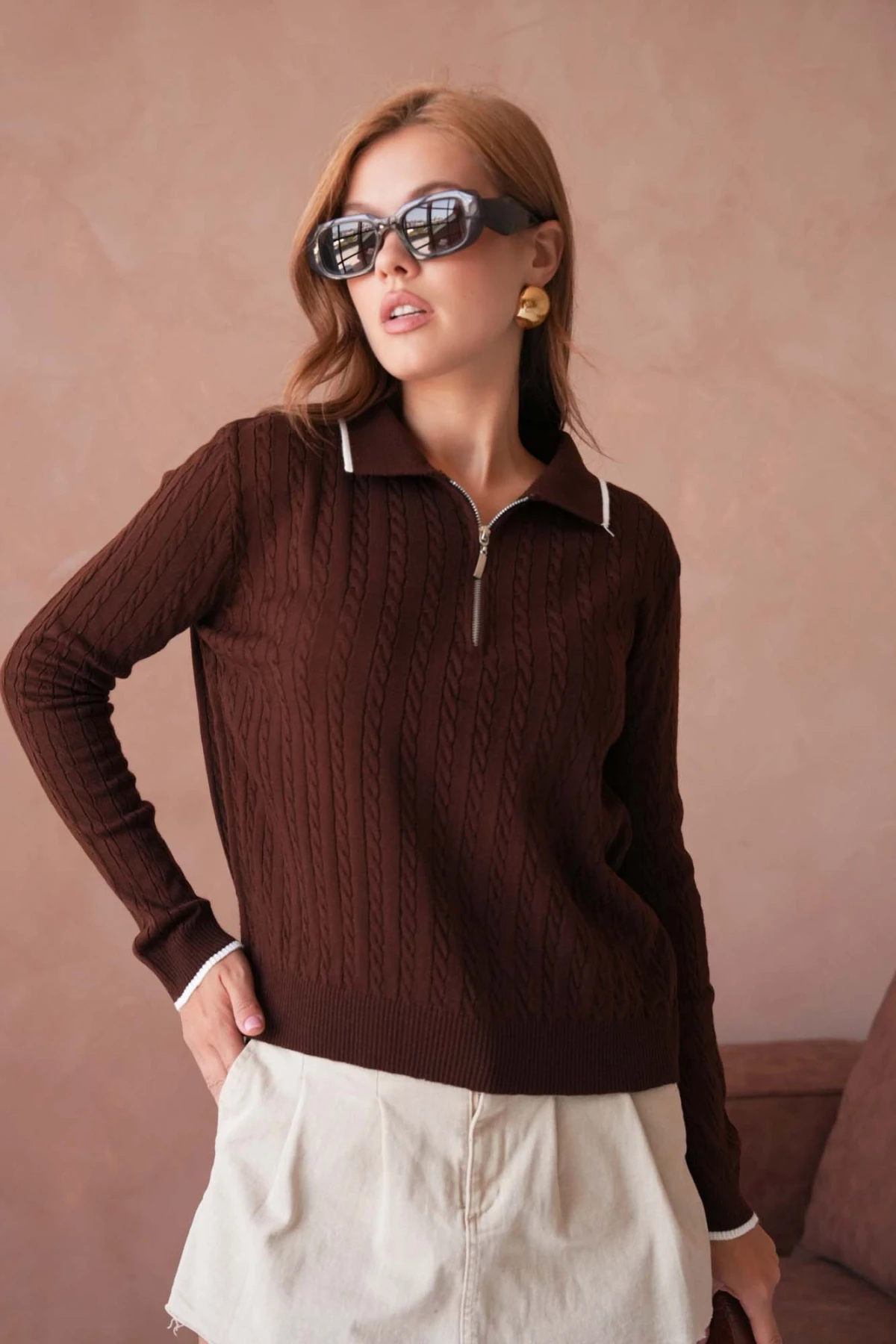 Kadın Polo Yaka Fermuar Detay Triko Kazak