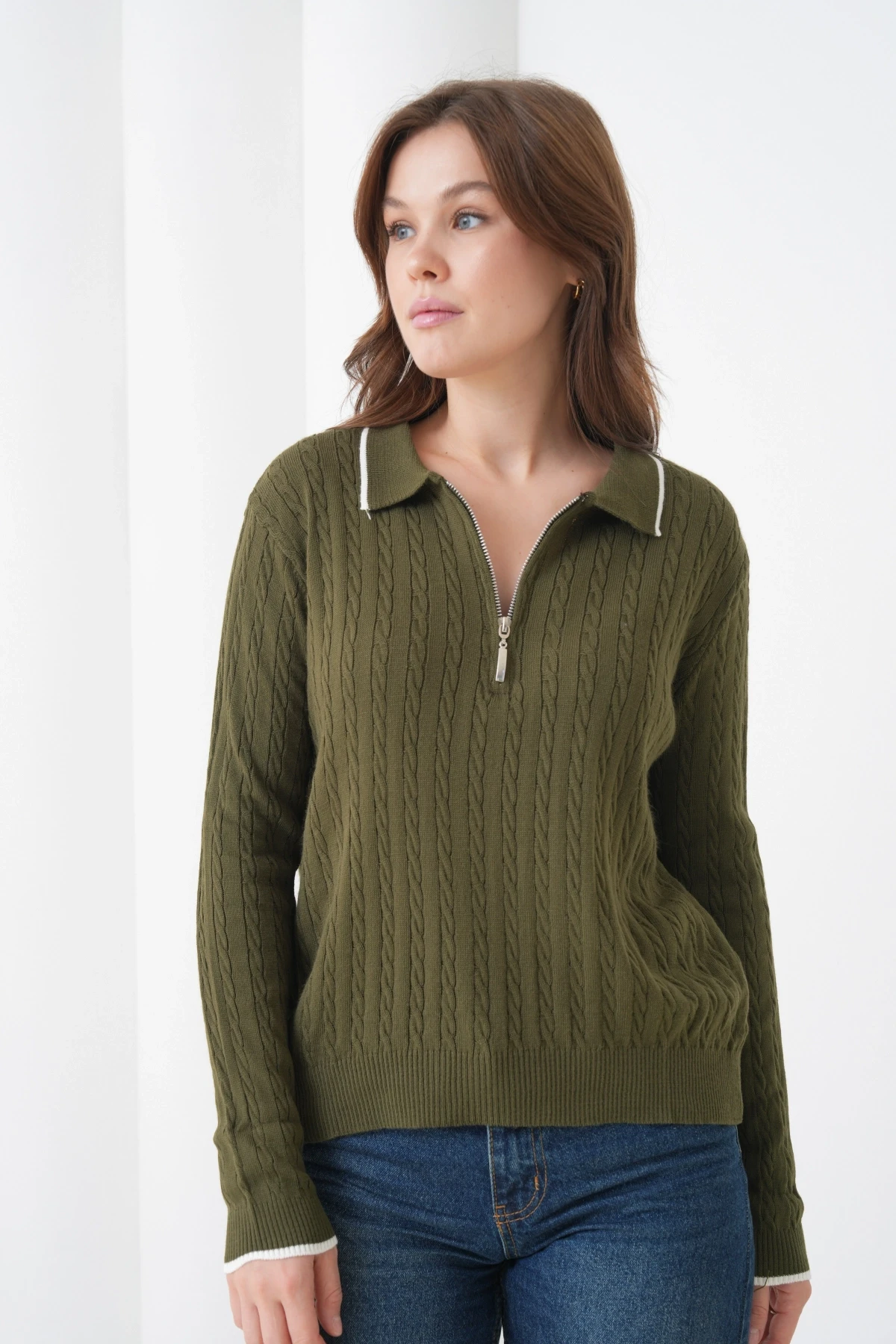 Kadın Polo Yaka Fermuar Detay Triko Kazak