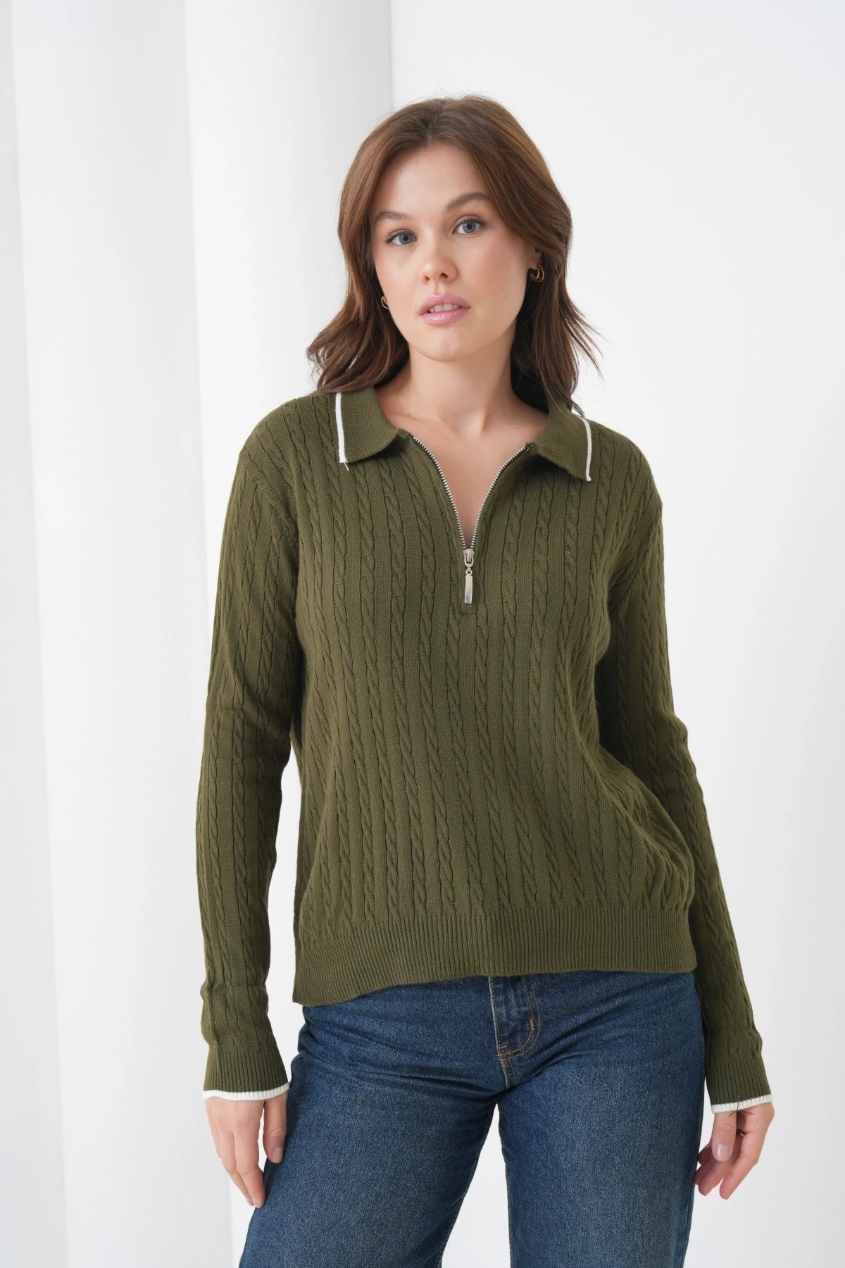 Kadın Polo Yaka Fermuar Detay Triko Kazak