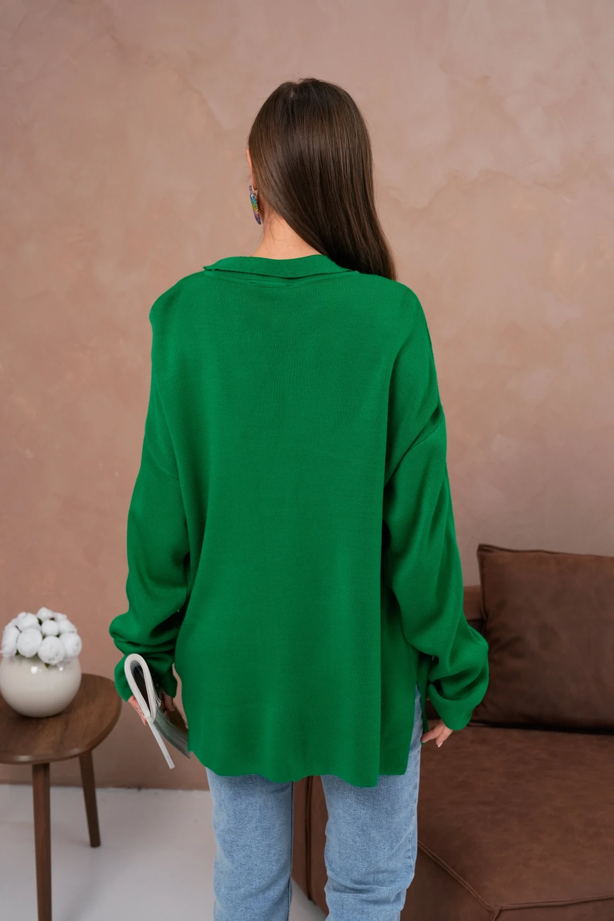 Kadın Polo Yaka Nakış Detay Yanları Yırtmaçlı Salaş Triko Kazak 224292