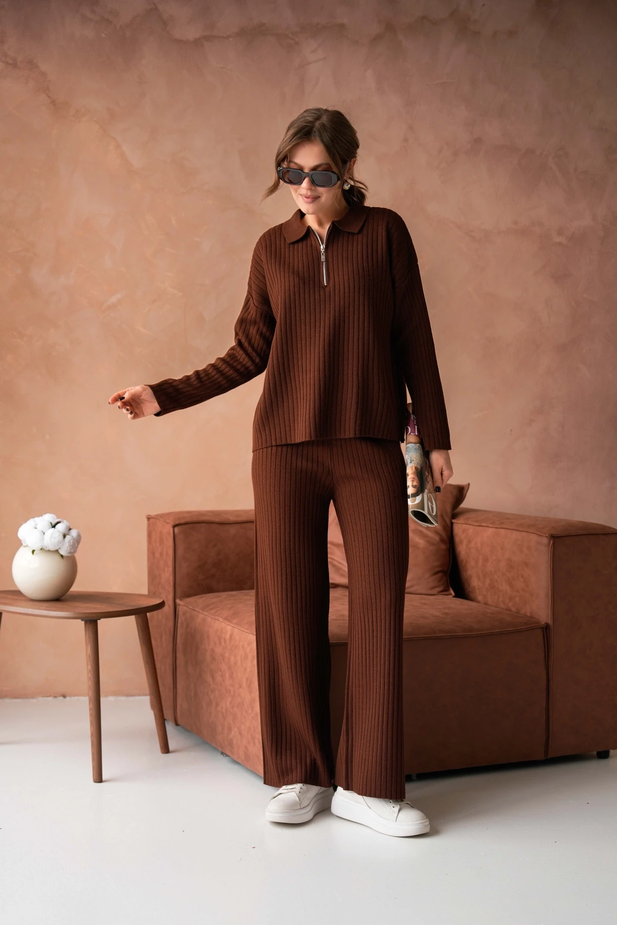 Kadın Polo Yaka Oversize Kazak Pantolon Triko Alt-Üst Takım