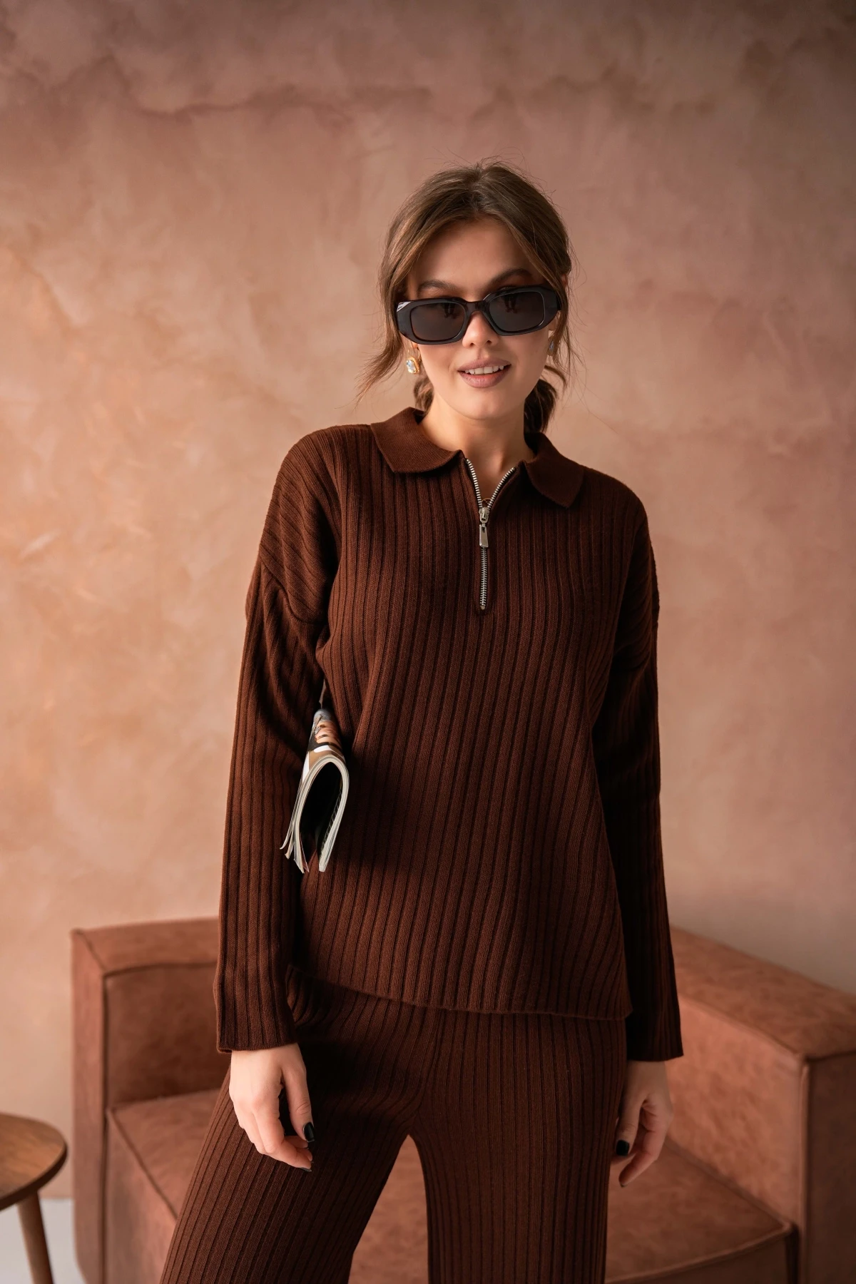 Kadın Polo Yaka Oversize Kazak Pantolon Triko Alt-Üst Takım