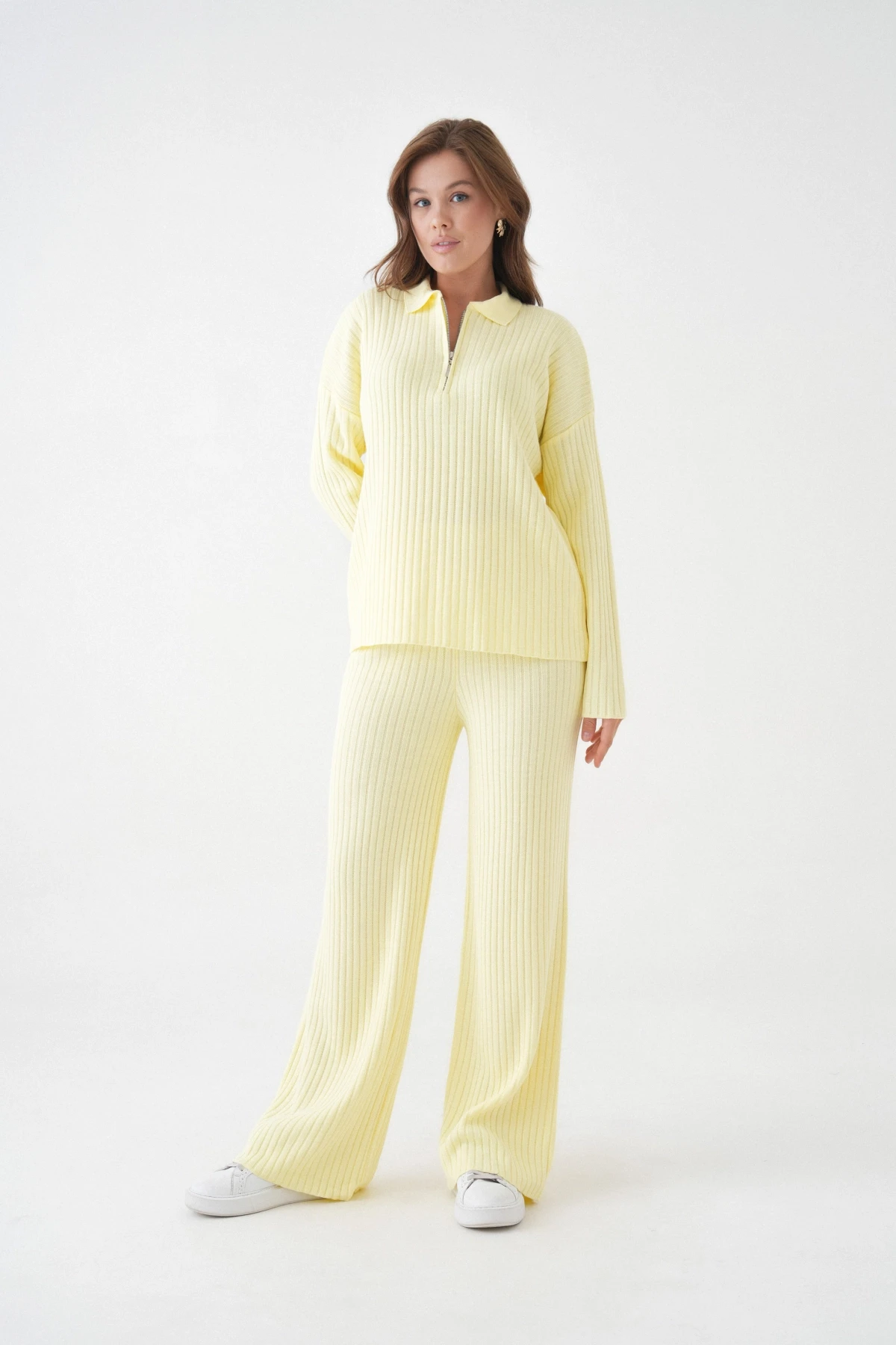 Kadın Polo Yaka Oversize Kazak Pantolon Triko Alt-Üst Takım