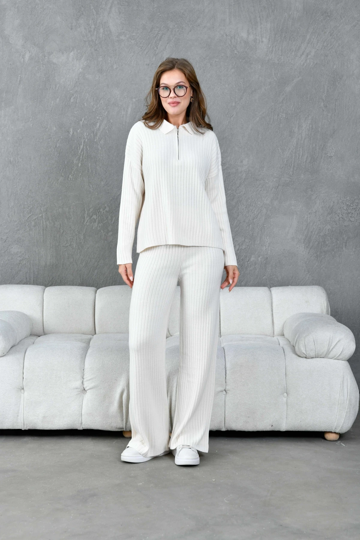 Kadın Polo Yaka Oversize Kazak Pantolon Triko Alt-Üst Takım