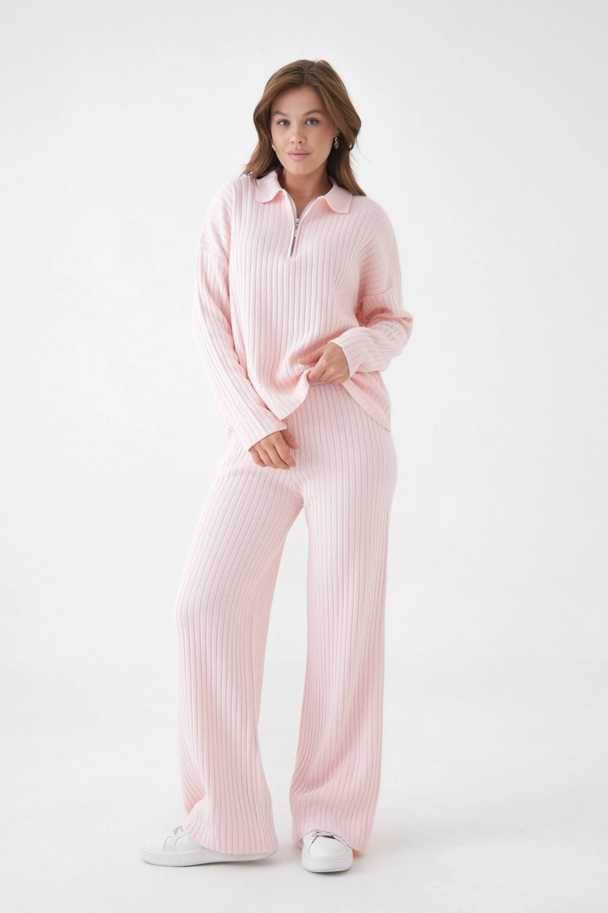 Kadın Polo Yaka Oversize Kazak Pantolon Triko Alt-Üst Takım