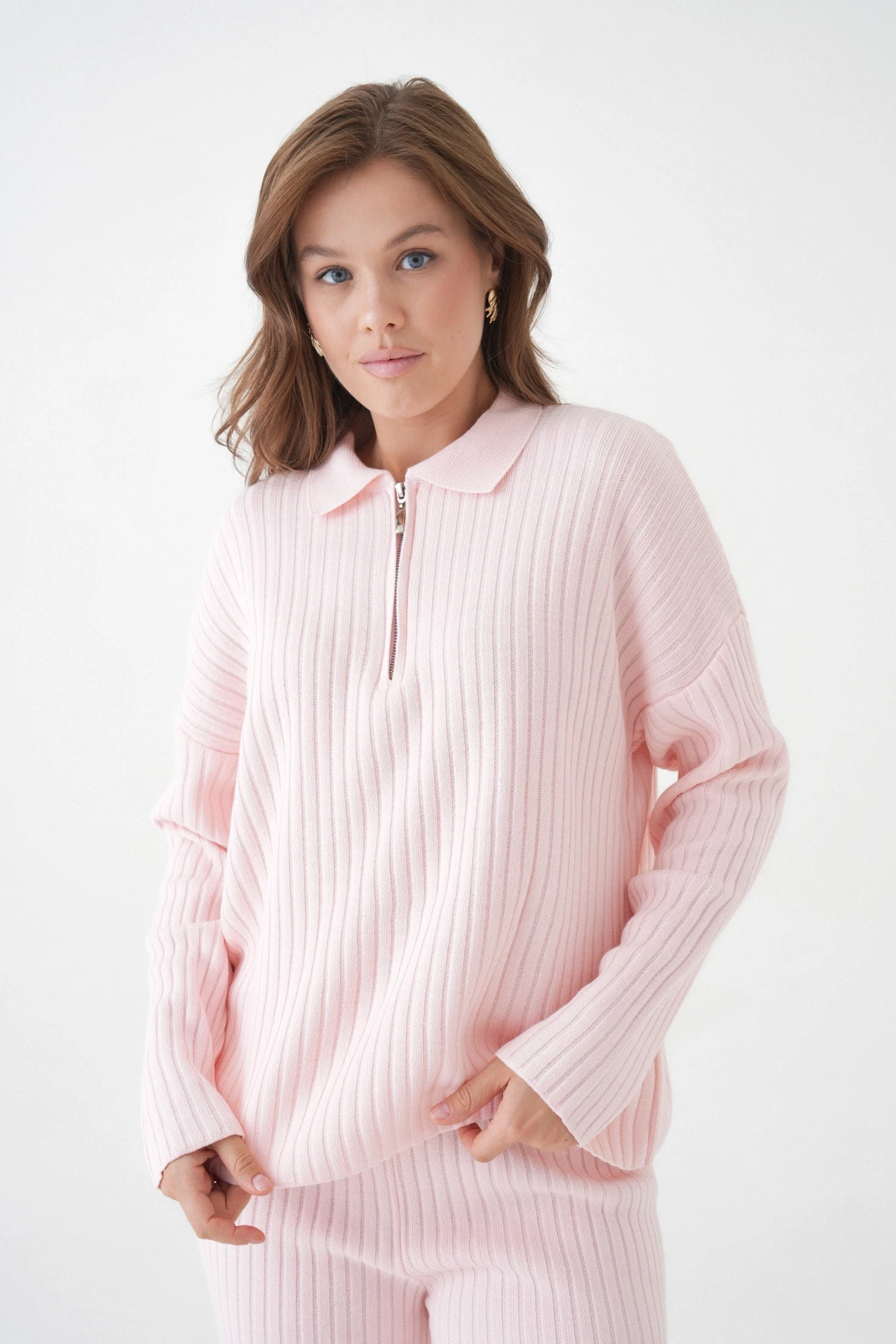 Kadın Polo Yaka Oversize Kazak Pantolon Triko Alt-Üst Takım