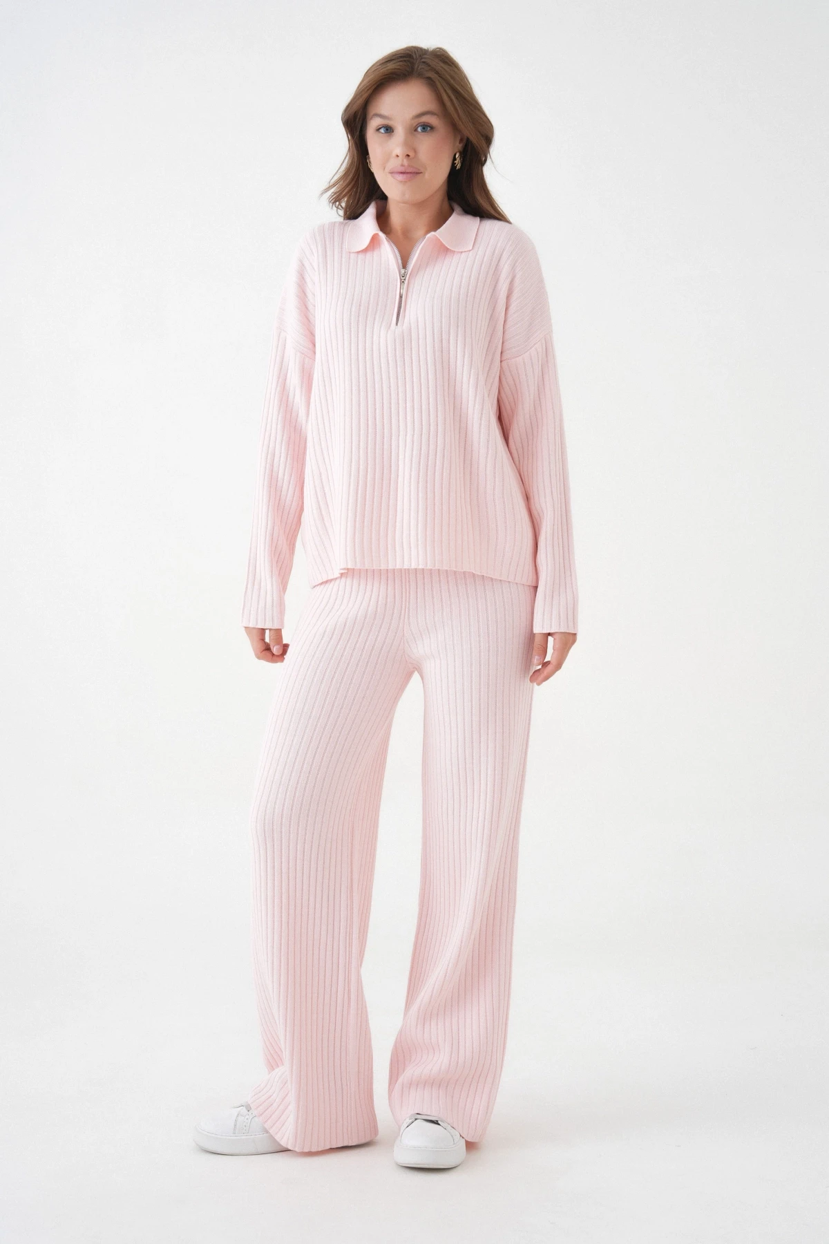 Kadın Polo Yaka Oversize Kazak Pantolon Triko Alt-Üst Takım