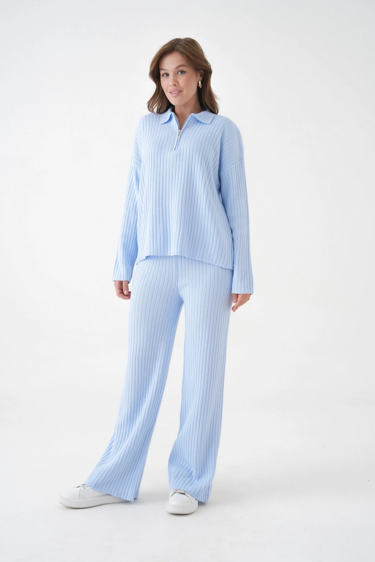 Kadın Polo Yaka Oversize Kazak Pantolon Triko Alt-Üst Takım