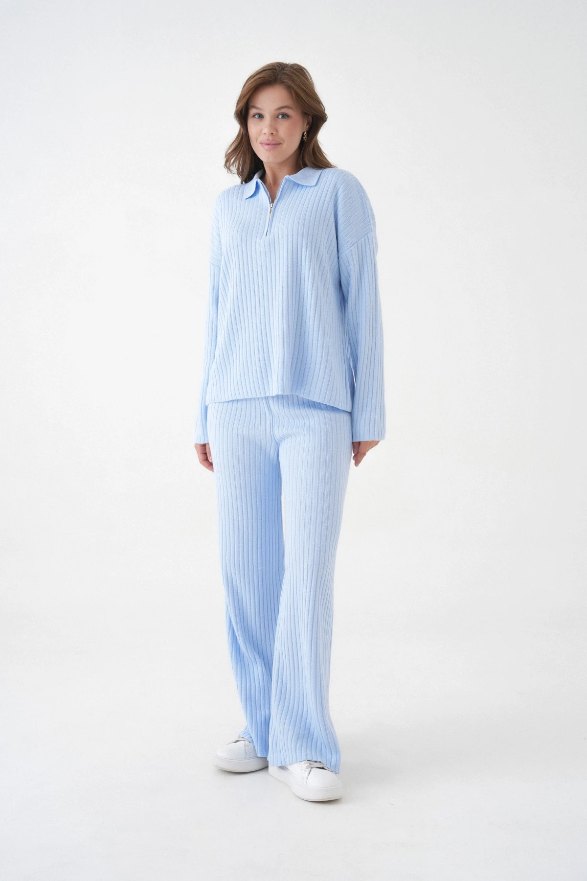 Kadın Polo Yaka Oversize Kazak Pantolon Triko Alt-Üst Takım