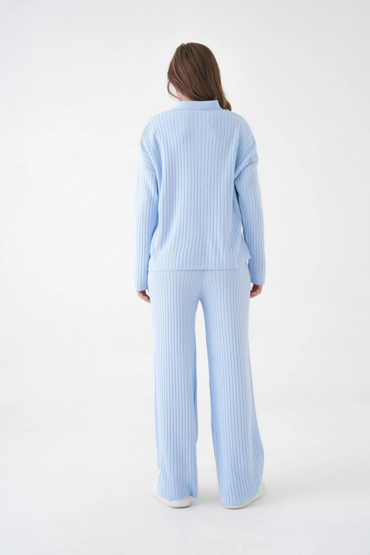 Kadın Polo Yaka Oversize Kazak Pantolon Triko Alt-Üst Takım