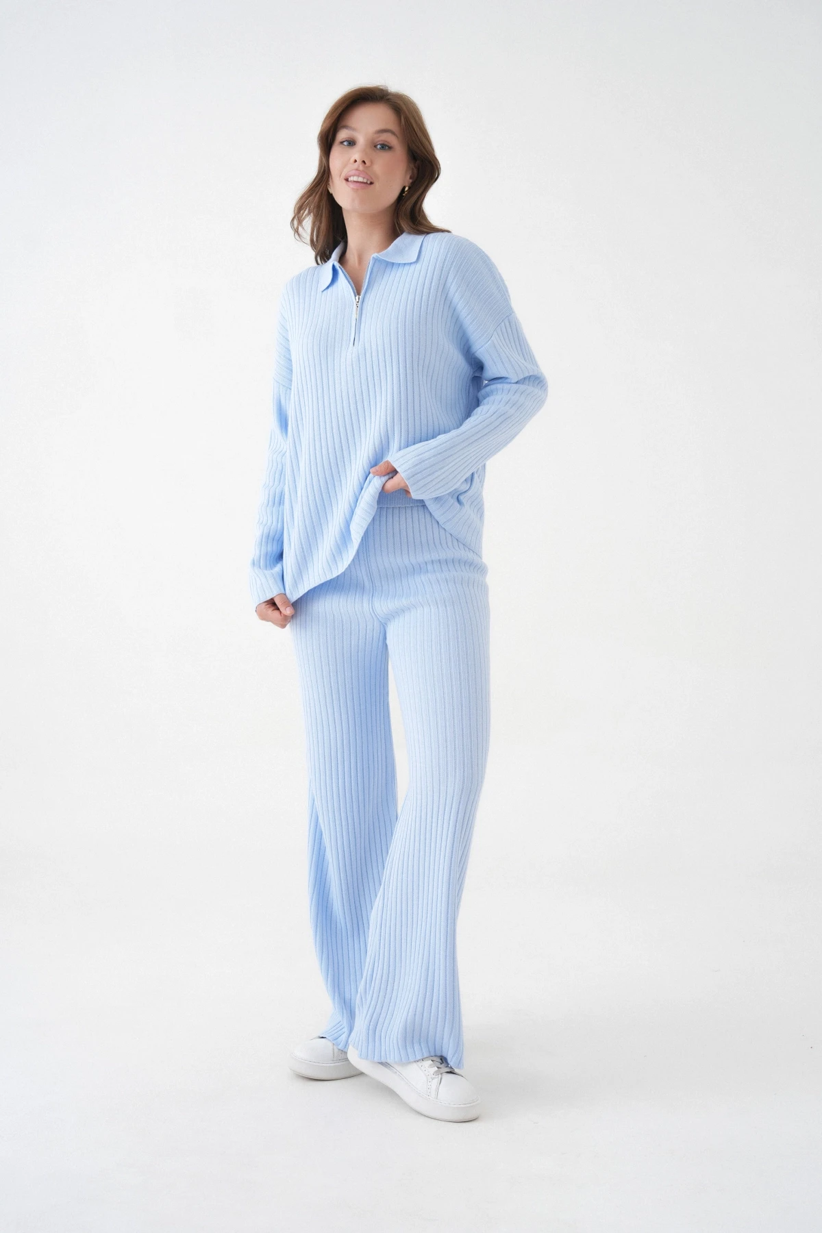 Kadın Polo Yaka Oversize Kazak Pantolon Triko Alt-Üst Takım