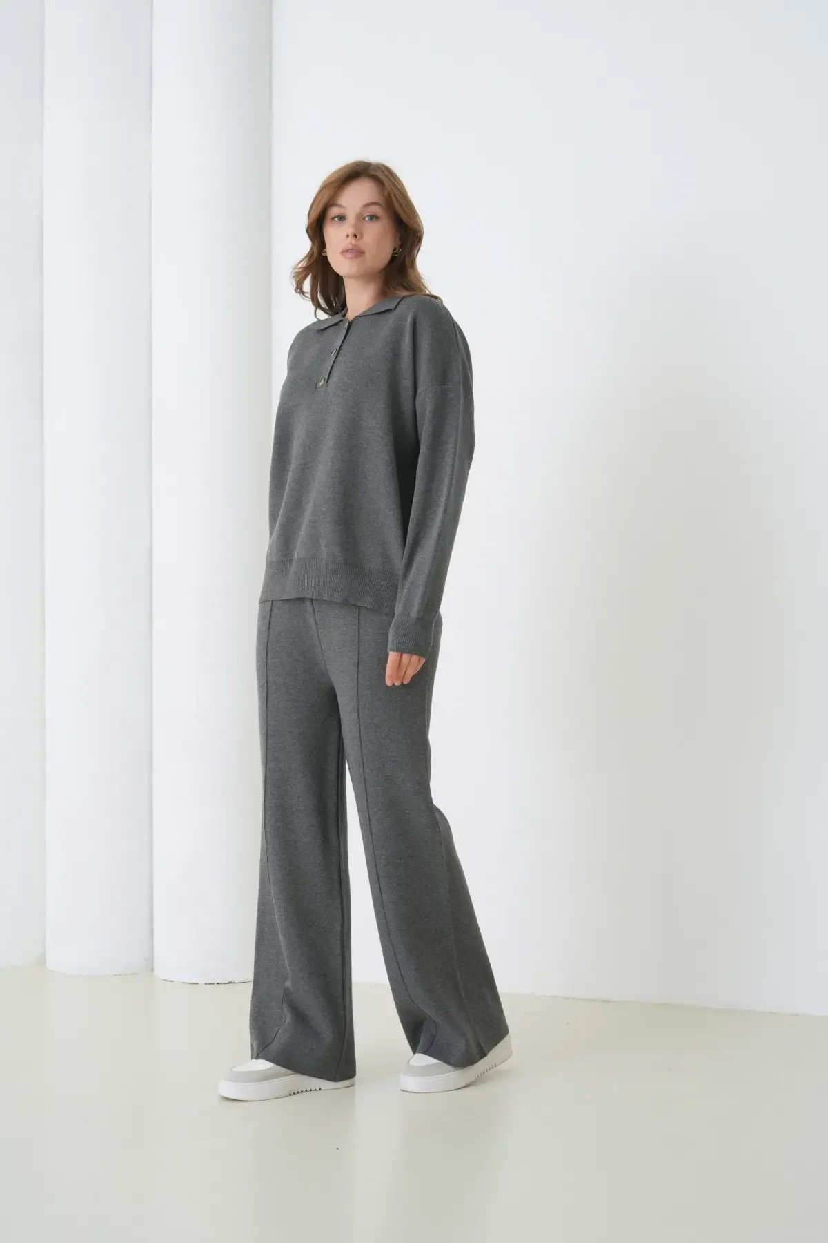 Kadın Siyah Polo Yaka Kazak Pantolon Triko Alt-Üst Takım 12333