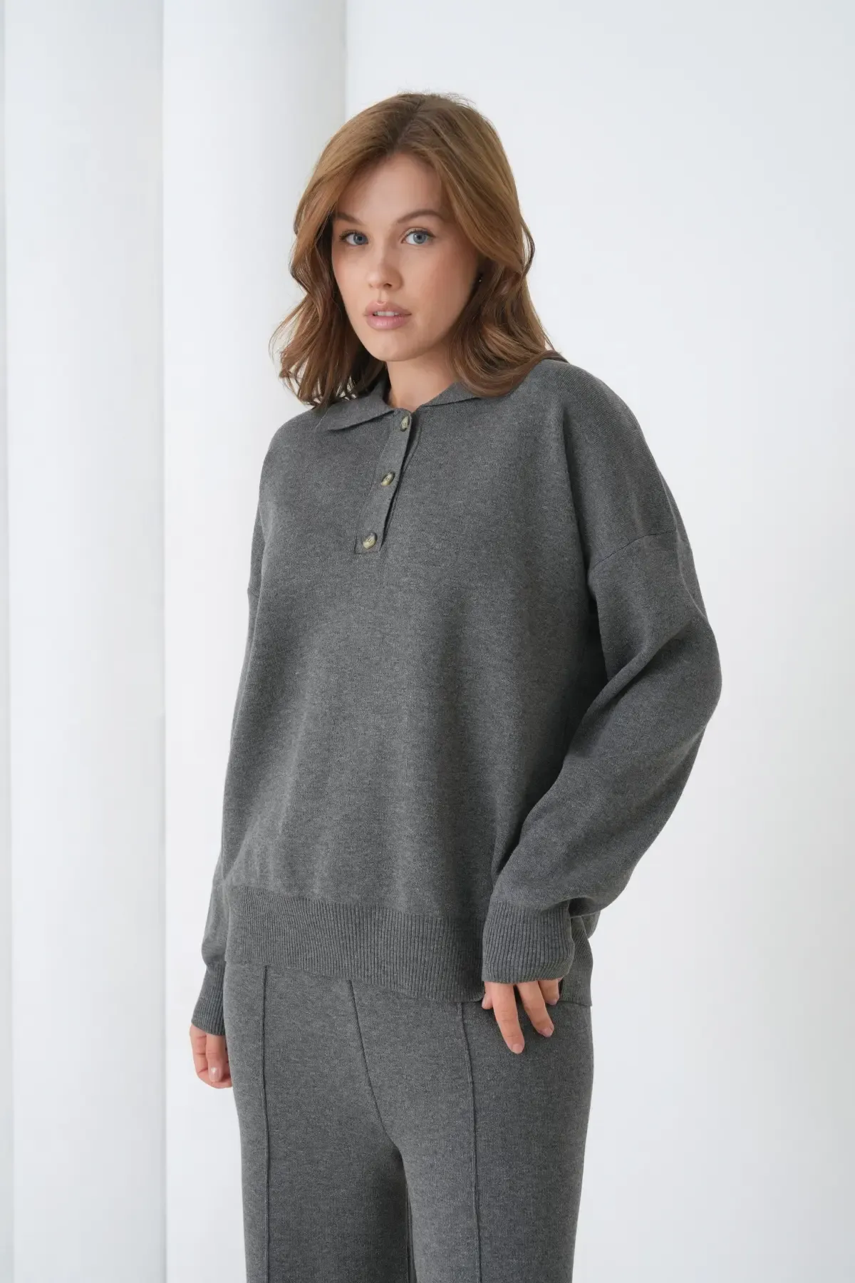 Kadın Siyah Polo Yaka Kazak Pantolon Triko Alt-Üst Takım 12333