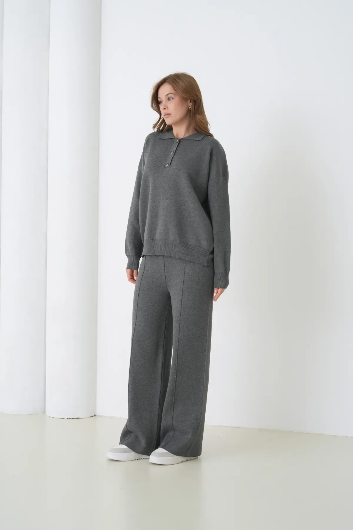 Kadın Siyah Polo Yaka Kazak Pantolon Triko Alt-Üst Takım 12333