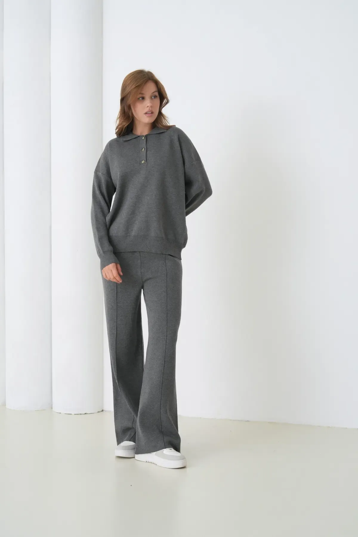 Kadın Siyah Polo Yaka Kazak Pantolon Triko Alt-Üst Takım 12333